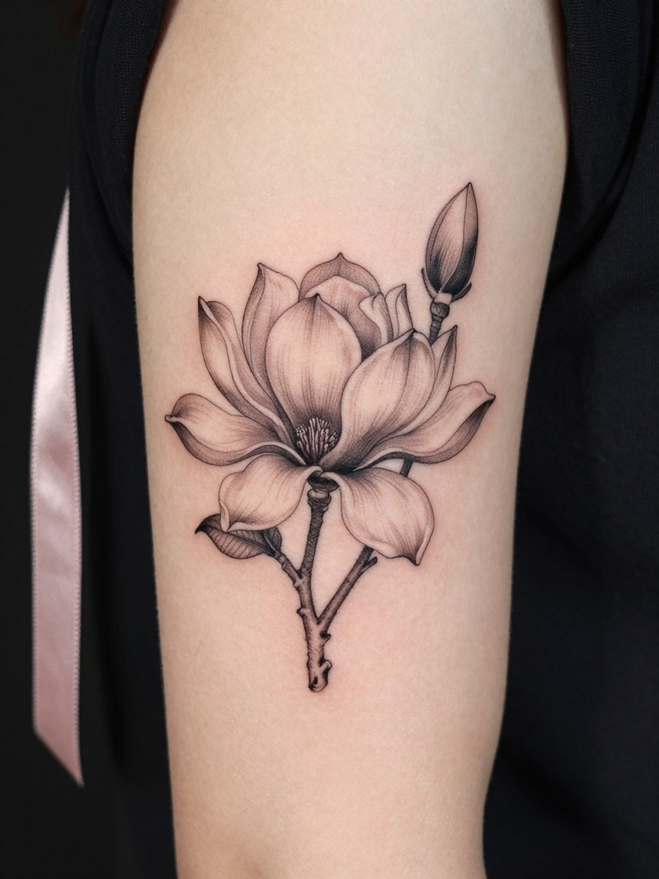 Image Prompt: "Design-focused close-up of a magnolia tattoo on the inner bicep, black ink fine line floral style, soft broad petals with subtle shading, realistic skin texture, satin ribbon nearby as a subtle feminine detail, tight crop, minimal soft background, modern lifestyle-inspired tattoo image, tattoo is the clear main subject (no watermarks on images)"