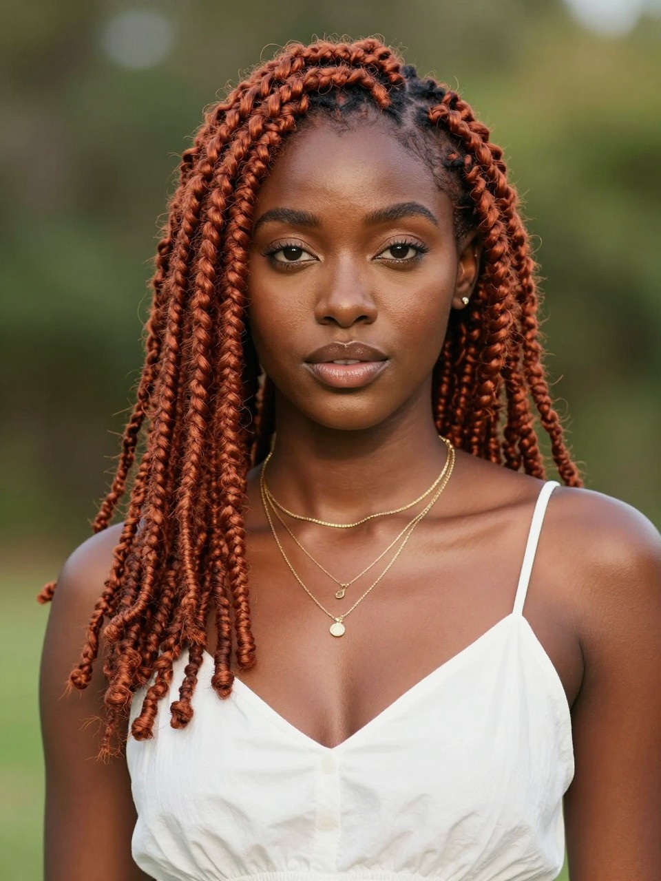 Image Prompt: A stunning Black woman with shoulder-length light auburn locs, neatly maintained loc texture, warm red-brown color with soft copper tones, a few locs framing the face, deep brown skin, natural glowing makeup, layered gold necklaces, white sundress, outdoor background with soft greenery, warm summer sunlight, realistic lifestyle editorial portrait, detailed loc texture, no text, (no watermarks on images)
