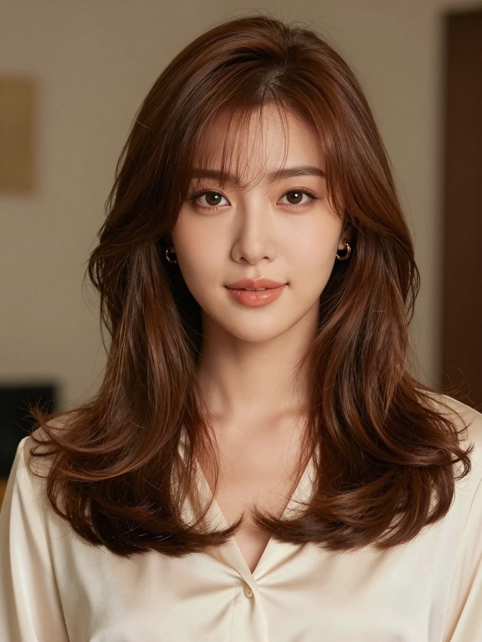 Image Prompt: A beautiful Asian woman with tan skin and long chestnut brown layered hair, warm medium-brown shade with subtle golden-red undertones, feathered face-framing layers, smooth blowout curls, soft peach-toned makeup, glossy lips, gold earrings, ivory satin blouse, elegant indoor background, soft warm lighting, realistic DSLR beauty portrait, detailed layered movement and warm brown shine, no text, (no watermarks on images)
