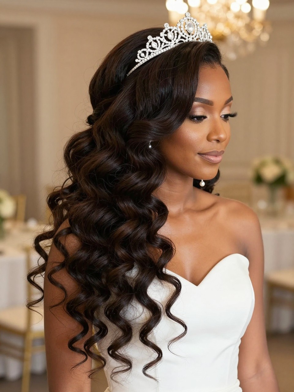 A realistic bridal hairstyle close-up showing long natural-looking curls worn down by a black woman, full volume through the ends, a crown-style tiara placed gently on top, rich dark brown hair, soft bridal makeup, pearl drop earrings, simple white wedding dress neckline, softly blurred ballroom background, warm elegant lighting, no text, no watermark, no watermarks on images.