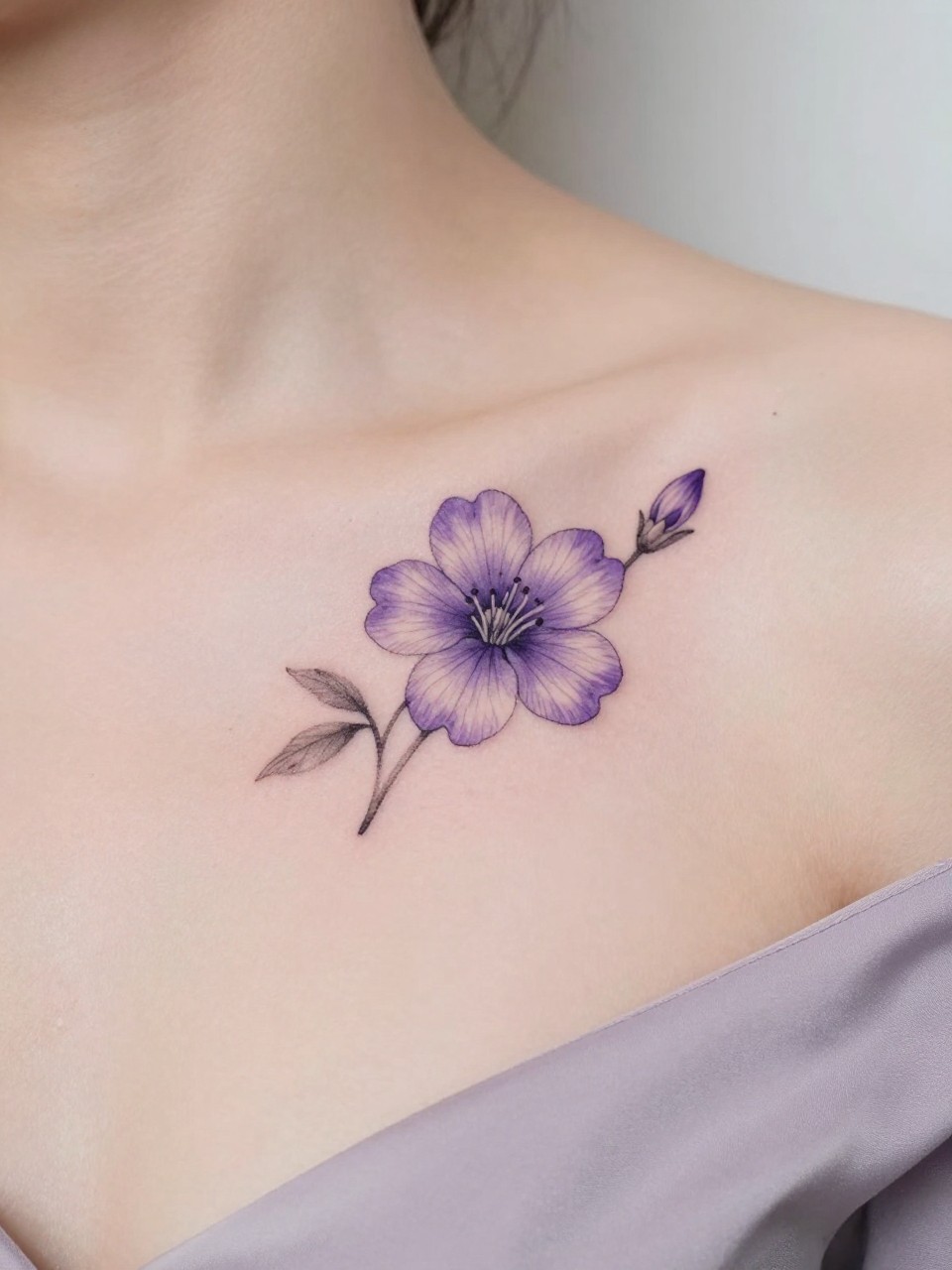Image Prompt: "Design-focused close-up of a small violet flower tattoo on the collarbone, black ink fine line design with delicate rounded petals, soft shading, realistic skin texture, silk blouse neckline barely visible, feminine clean composition, close-up tattoo visibility, soft minimal background, tattoo is the clear hero (no watermarks on images)"