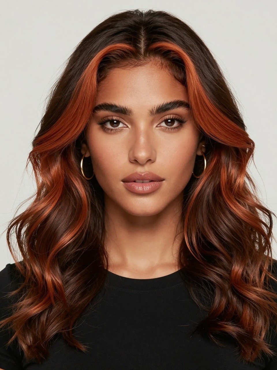 Image Prompt: A stylish woman with dark brown wavy hair and fox tail money piece highlights, thick copper-orange front panels framing the face, dark brunette base with subtle auburn pieces, soft waves, warm brown skin, glossy nude lips, soft bronzed makeup, gold hoop earrings, fitted black top, clean neutral studio background, close-up beauty portrait, realistic DSLR photo, sharp face-framing color detail, no text, (no watermarks on images)