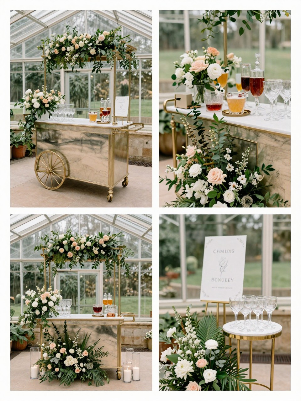A professional 4-grid wedding decor collage showing a floral bar cart or drink station inside a glass greenhouse wedding, top-left image featuring a stylish bar cart with glassware, flowers, greenery, and signature drinks in a greenhouse setting, top-right image showing close-up drink station details with floral styling, bottom-left image showing a larger drink table or bar area with candles and botanical accents, bottom-right image showing matching signage and glassware on a small side table, elegant greenhouse wedding decor, no people, no faces, no watermarks on images.
