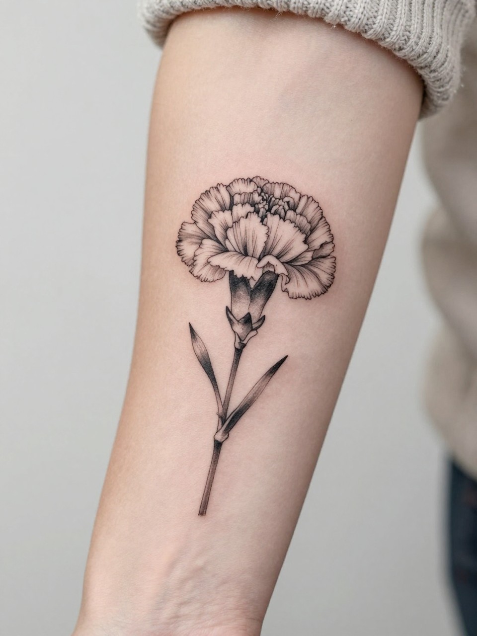 Image Prompt: "Extreme close-up of a fine line January birth flower carnation tattoo on the forearm, delicate black ink floral design with soft ruffled petals, subtle grey shading, realistic skin texture, neutral manicure, soft knit sleeve slightly visible, design-focused close-up, feminine modern tattoo inspiration photo, minimal soft background, tattoo is the clear main subject (no watermarks on images)"