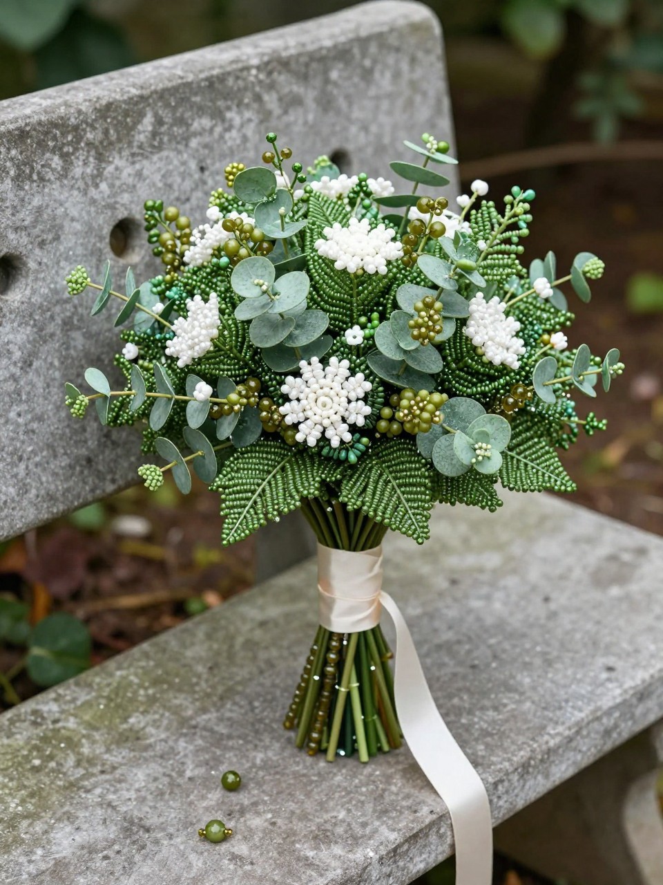 A green botanical beaded bouquet made with beaded leaves, beaded vines, small white bead flowers, eucalyptus-inspired bead stems, olive green glass beads, and an ivory ribbon handle, photographed on a stone garden bench in soft natural light, organic wedding editorial photography, no people, no faces, realistic DSLR quality, detailed beadwork, no watermarks on images.