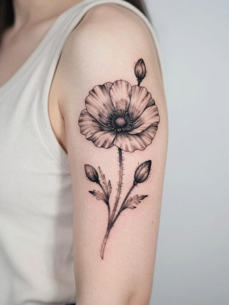 Image Prompt: "Close-up of a poppy tattoo on the upper arm, black ink floral design with fine line petals and soft grey shading, medium-size composition, realistic skin texture, sleeveless blouse edge softly visible, modern feminine tattoo inspiration image, minimal clean background, tattoo dominates the image (no watermarks on images)"