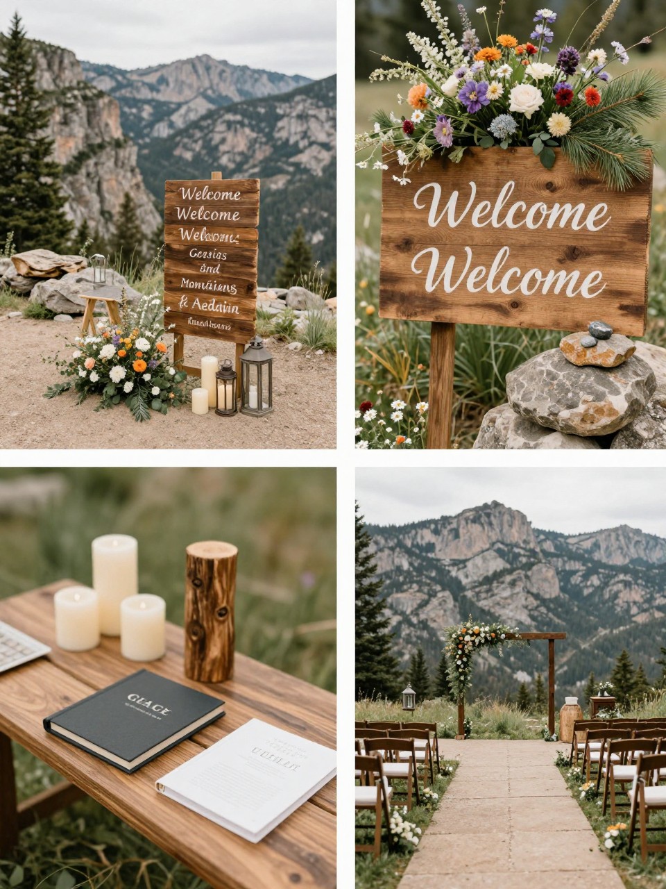 A professional 4-grid wedding decor collage showing a Rocky Mountain cliffside wedding welcome area, top-left image featuring a wooden welcome sign placed near a cliffside mountain view with flowers and lanterns, top-right image showing close-up sign styling with wildflowers, pine, and stone accents, bottom-left image showing a decorated guest book table with natural wood and candles, bottom-right image showing a walkway leading toward the ceremony space with mountain scenery in the background, elegant outdoor mountain wedding decor, no faces, no watermarks on images.