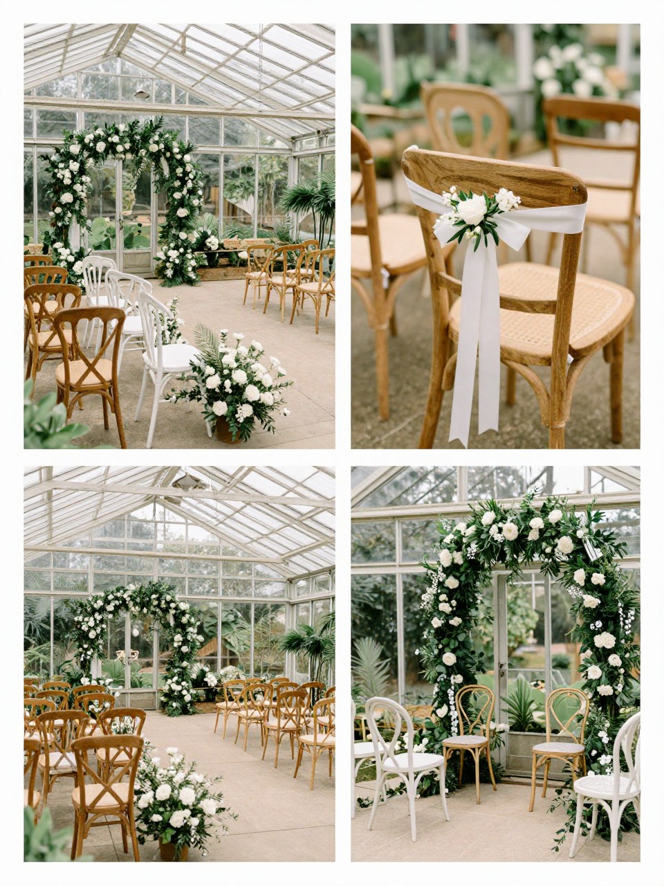 A professional 4-grid wedding decor collage showing mismatched garden chairs for a glass greenhouse wedding ceremony, top-left image featuring a ceremony layout with elegant mismatched chairs in wood, white, and cane styles inside a greenhouse, top-right image showing close-up chair details with ribbon and floral touches, bottom-left image showing the full ceremony aisle with the mixed chairs, bottom-right image showing a small styled corner with extra chairs and greenery, romantic garden wedding decor, no people, no faces, no watermarks on images.