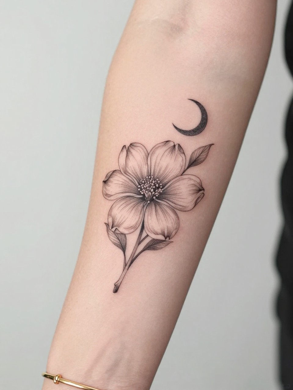 Image Prompt: "Design-focused close-up of a dogwood tattoo with a tiny crescent moon on the inner arm, black ink fine line floral design, delicate rounded petals, soft shading, delicate celestial accent, realistic skin texture, gold bracelet lightly visible, feminine modern tattoo inspiration photo, clean soft background, tattoo is the hero (no watermarks on images)"