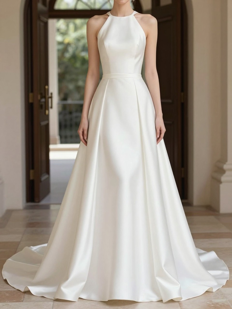 Image Prompt: A high-end bridal editorial photo of a satin halter neck A-line wedding dress in a bright chapel entrance or luxury bridal studio. Show the bride from the neck down only, or from a back three-quarter angle so the face is fully hidden. The gown has a clean halter neckline, fitted bodice, defined waist, smooth satin A-line skirt, and a soft train. Use natural light, realistic satin texture, polished bridal magazine styling, graceful posture, no visible face, no text, no watermark. (no watermarks on images)