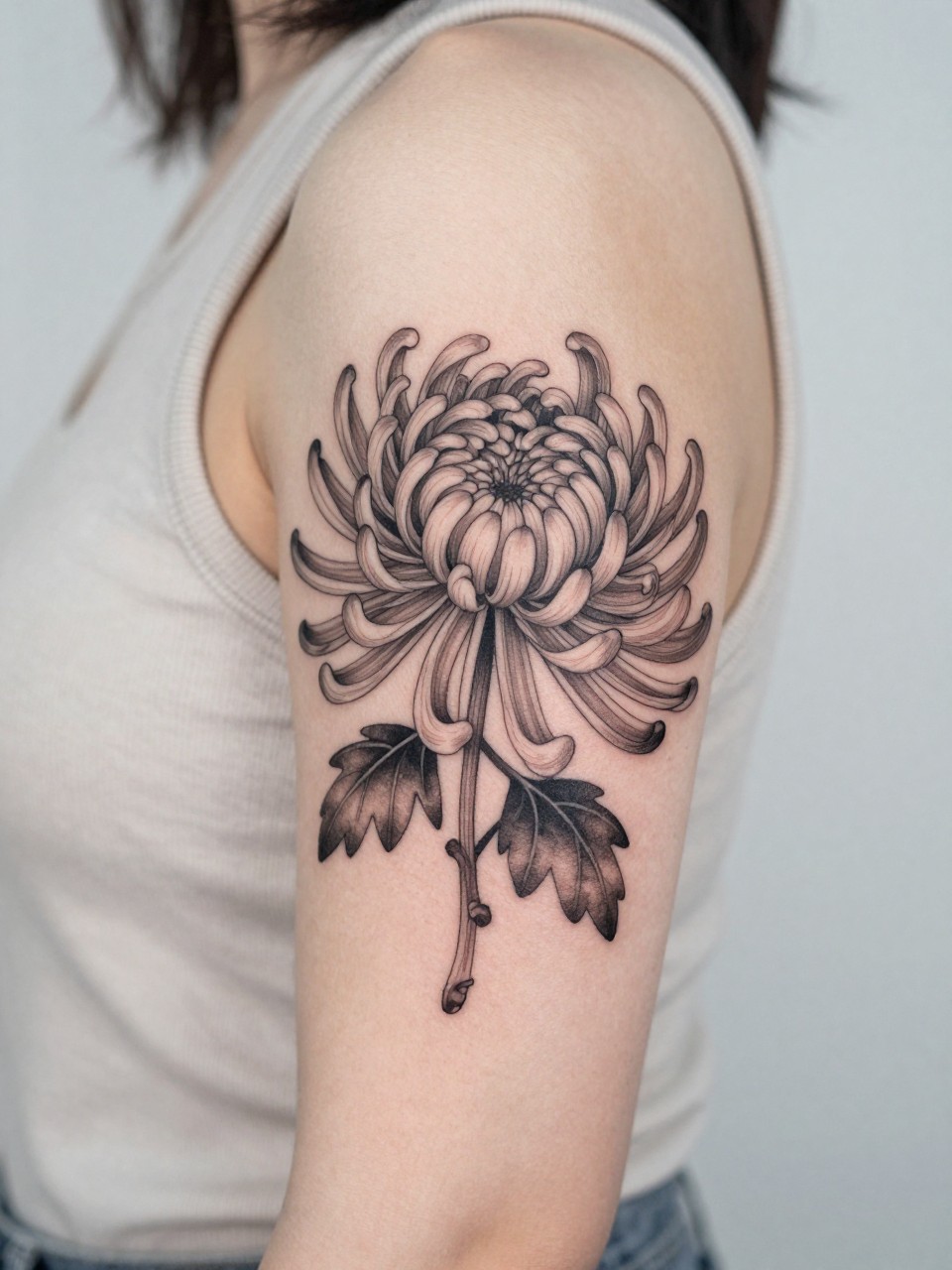 Image Prompt: "Close-up of a chrysanthemum tattoo on the upper arm, black ink floral design with fine line layered petals and soft grey shading, medium-size composition, realistic skin texture, sleeveless blouse edge softly visible, modern feminine tattoo inspiration image, minimal clean background, tattoo dominates the image (no watermarks on images)"