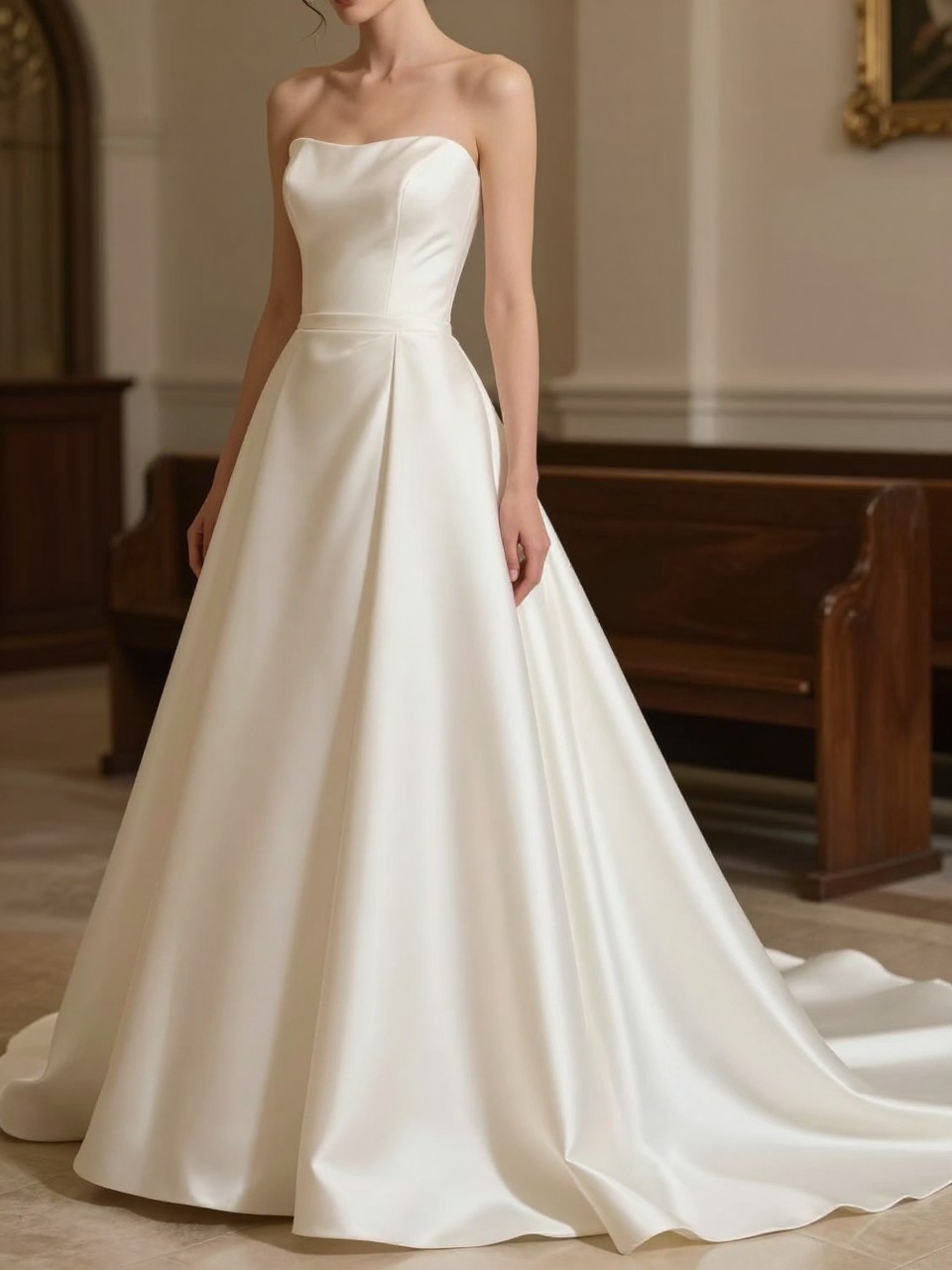 Image Prompt: A professional bridal editorial photo of a silk satin A-line wedding dress with a scoop back, set in a softly lit chapel or refined indoor venue. Show the bride from the shoulders down or from a back three-quarter angle so the face is hidden. The gown has a smooth silk satin bodice, defined waist, soft A-line skirt, elegant scoop back, and a graceful train. Use warm natural light, realistic satin sheen, polished bridal styling, luxury magazine composition, no visible face, no text, no watermark. (no watermarks on images)