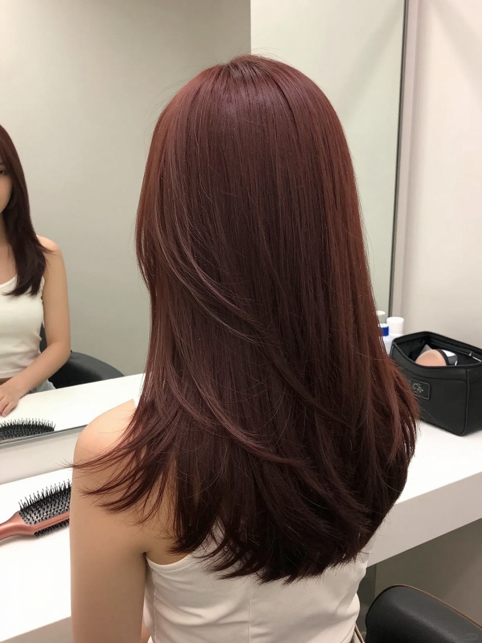 Photo of a woman wearing rich cherry brown hair with soft face-framing layers in a smooth blowout, back-of-head view to highlight the red-brown depth and layered movement, bathroom vanity mirror setting, soft indoor lighting, with a blowout brush on the counter and a makeup bag nearby, latest iPhone photo quality.