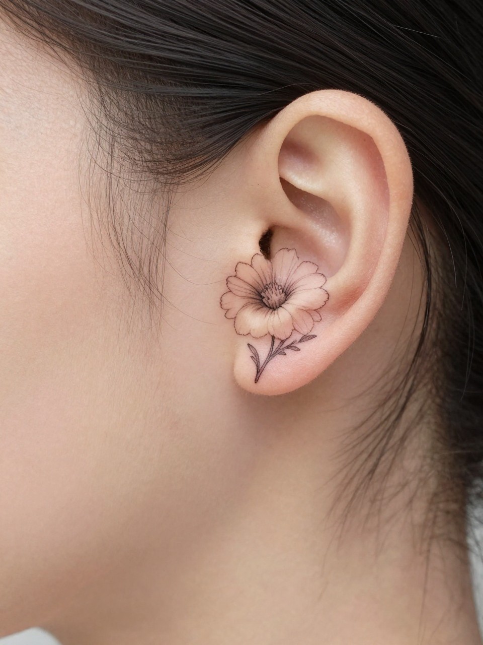 Image Prompt: "Extreme close-up of a small aster flower tattoo behind the ear, fine line black ink floral design with delicate layered petals and soft shading, realistic skin texture, a few loose hair strands framing the placement, minimal feminine styling, tight crop, clean soft background, tattoo is the hero of the image (no watermarks on images)"