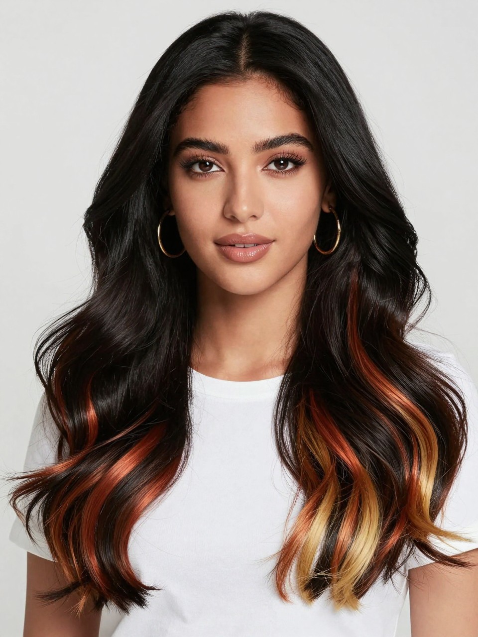 Image Prompt: A beautiful woman with long glossy black hair and calico peekaboo color underneath, top layer deep black, hidden lower layer with copper, ginger, caramel, and cream blonde patch sections, hair styled in soft waves with one side lifted to reveal the colors, medium-deep skin tone, soft glam makeup, glossy lips, gold hoop earrings, simple white top, clean studio setting, soft lighting, realistic DSLR editorial photo, playful hidden color detail, no text, (no watermarks on images)