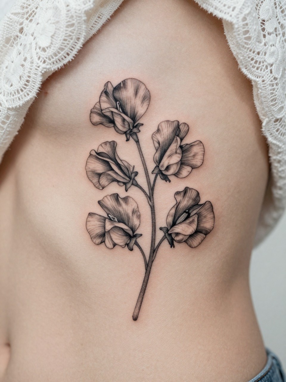 Image Prompt: "Design-focused close-up of a single sweet pea stem tattoo on the ribcage, black ink fine line floral design with delicate petals, curled tendrils, and light grey shading, realistic skin texture, lace fabric edge softly visible, feminine modern tattoo photo, minimal background, close-up tattoo visibility, tattoo dominates the frame (no watermarks on images)"