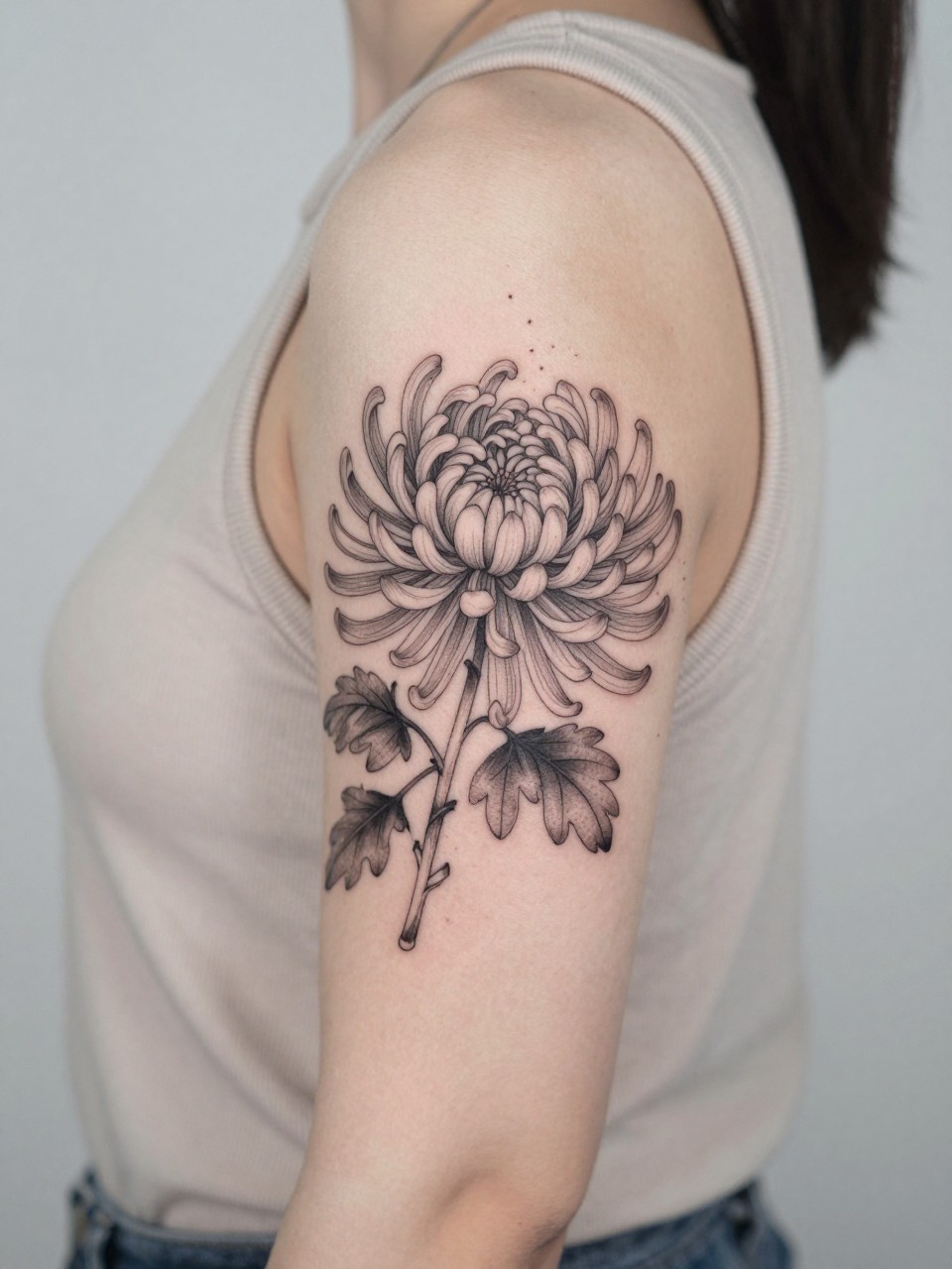 Image Prompt: "Close-up of a chrysanthemum tattoo with soft dotwork accents on the upper arm, black ink fine line floral design, many thin petals, subtle shading, delicate dotwork detail, realistic skin texture, sleeveless neutral top softly visible, feminine lifestyle-inspired tattoo image, minimal clean background, tattoo is the main focus (no watermarks on images)"