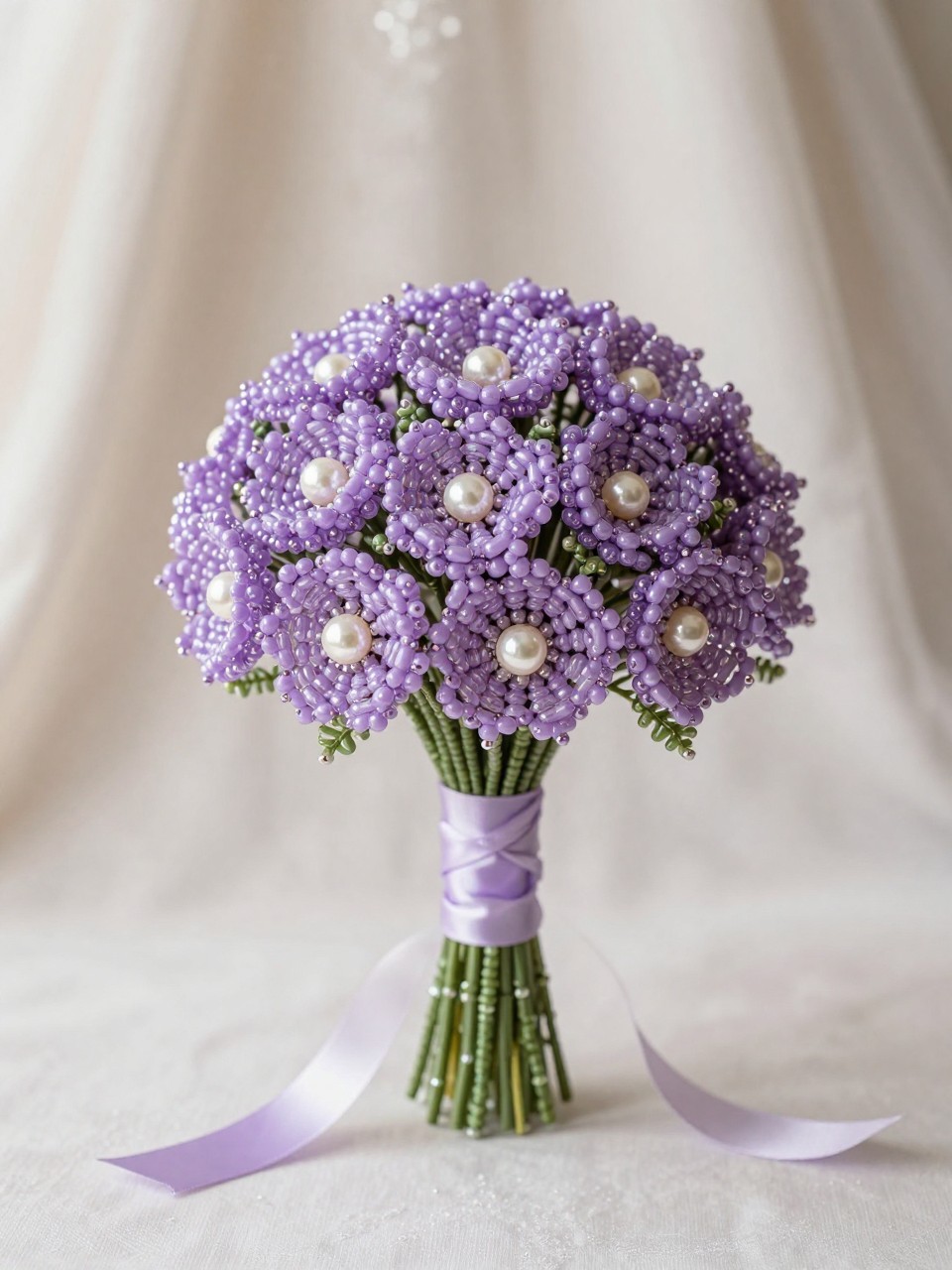 A soft lavender beaded flower bouquet made from purple seed bead blooms, lilac glass bead petals, pearl bead centers, green wire stems, and a pale lavender satin ribbon handle, photographed on a neutral fabric backdrop with soft bridal details, romantic spring wedding editorial photography, no people, no faces, realistic DSLR quality, delicate bead textures, no watermarks on images.