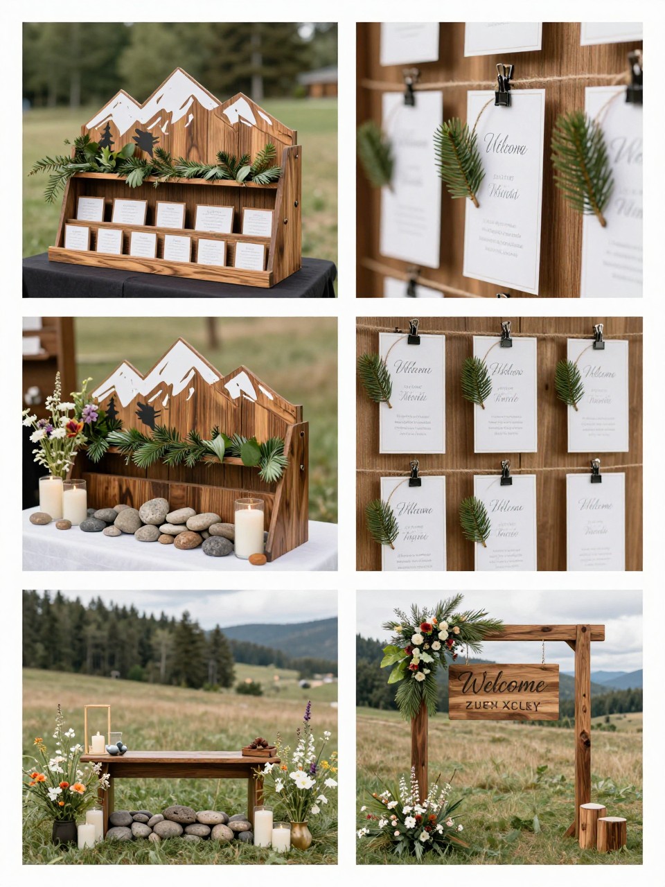 A professional 4-grid wedding decor collage showing a Rocky Mountain wedding escort card wall, top-left image featuring a wooden escort card display with mountain-shaped design details and greenery, top-right image showing close-up name cards clipped to twine with pine sprigs, bottom-left image showing the display styled with stones, candles, and wildflowers, bottom-right image showing a matching welcome area with natural wood and floral accents, rustic elegant mountain wedding decor, no faces, no watermarks on images.