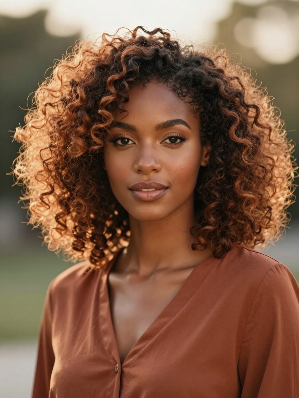 Image Prompt: A beautiful Black woman with shoulder-length voluminous curly hair, dark natural roots blending into ginger copper ombré ends, bouncy defined curls, rich brown skin, warm glowing makeup, rust-toned blouse, outdoor golden-hour lighting, softly blurred natural background, beauty editorial portrait, realistic DSLR quality, visible color transition, no text, (no watermarks on images)
