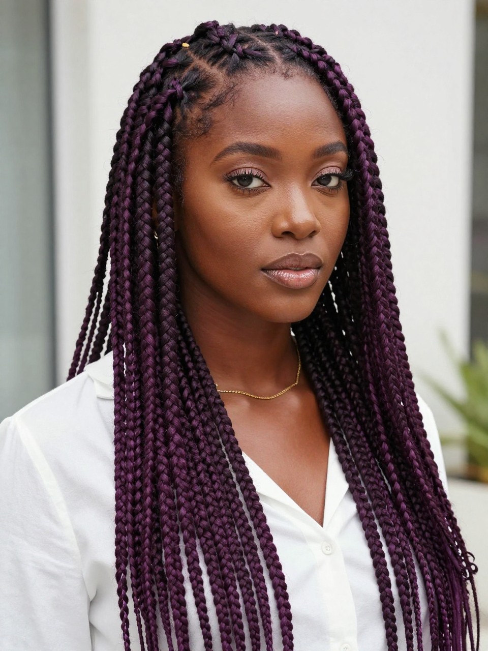 Image Prompt: A stylish Black woman with extra-long plum knotless braids, lightweight natural-looking roots, clean scalp parts, smooth braids flowing over the shoulders, deep purple-plum braid color, rich brown skin, soft glam makeup, glossy lips, delicate gold jewelry, white blouse, bright natural daylight, clean airy outdoor background, realistic beauty editorial photo, detailed braid texture, polished finish, no text, (no watermarks on images)