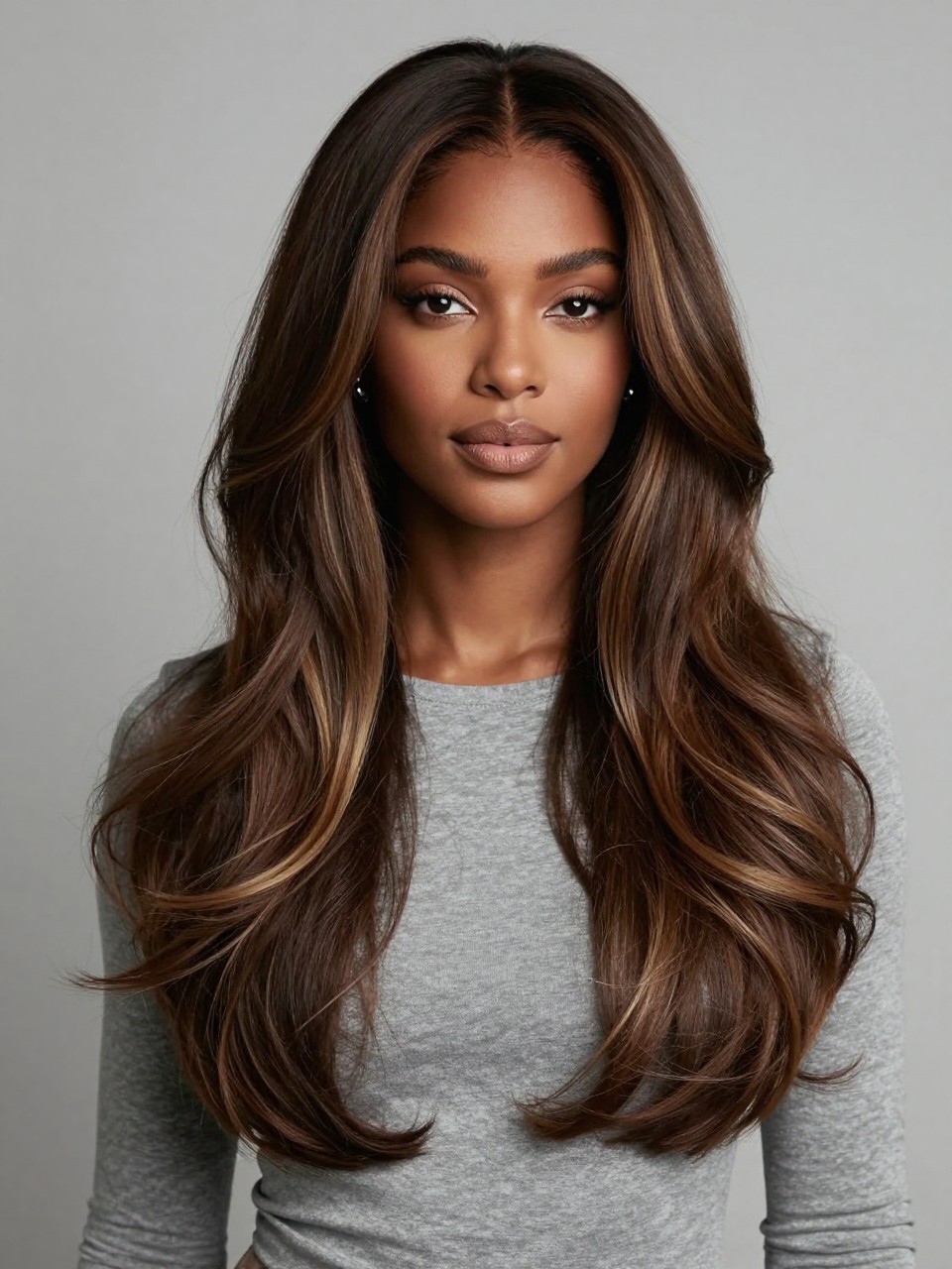 Image Prompt: A stylish black woman with neutral skin tone and long mushroom brown balayage hair, dark brunette roots with cool taupe-brown and beige-brown pieces through the mid-lengths and ends, smooth loose waves, soft neutral makeup, nude matte lips, small silver earrings, fitted gray top, clean modern studio background, soft cool lighting, realistic DSLR beauty editorial portrait, detailed mushroom brown color blend, no text, (no watermarks on images)
