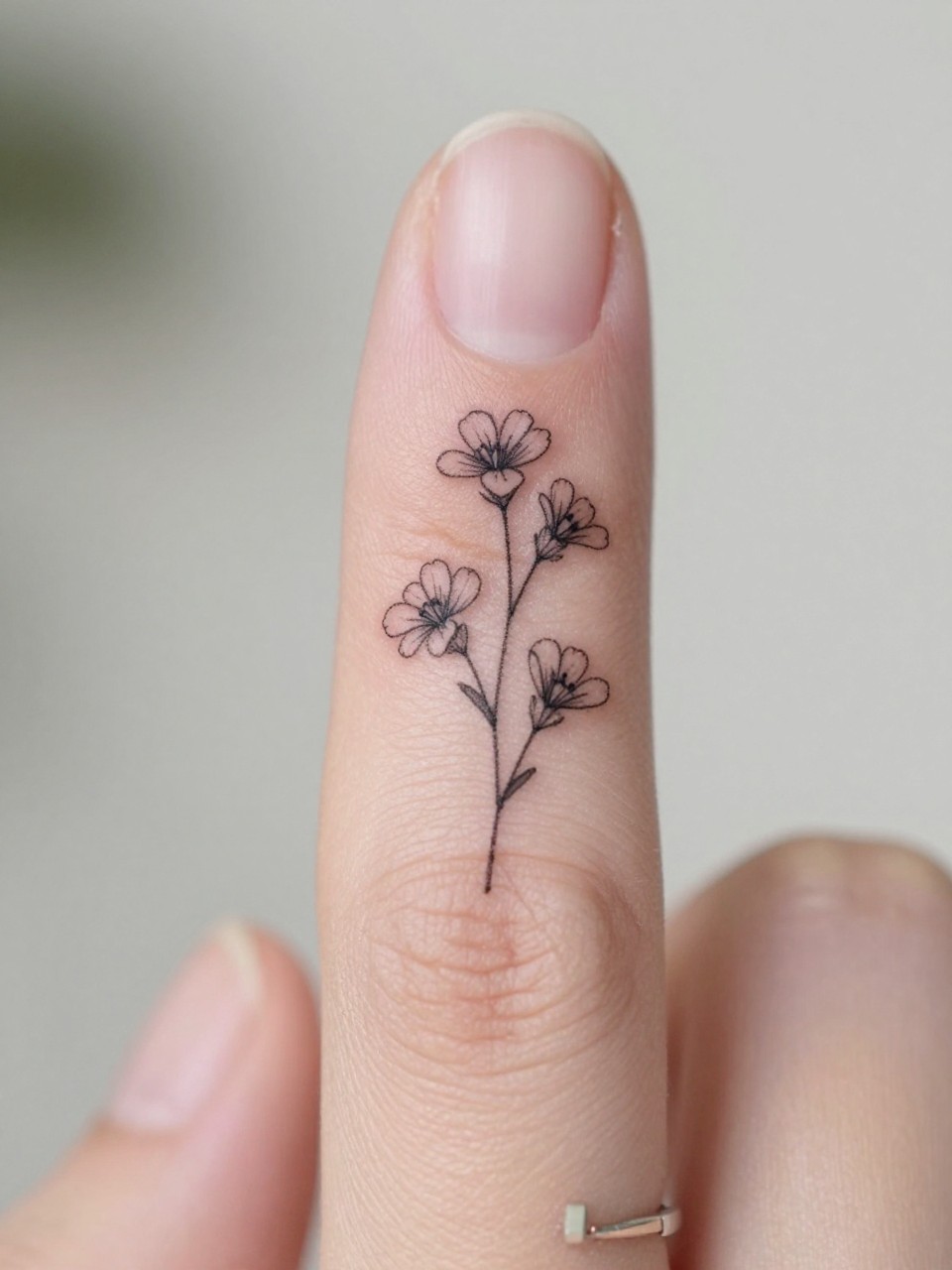 Image Prompt: "Macro shot of a micro larkspur tattoo on the side of the finger, black ink fine line floral design, tiny stem and petals, minimalist micro tattoo style, realistic skin texture, delicate rings, neutral manicure, very tight crop, soft blurred background, feminine tattoo inspiration photo with tattoo as the main focus (no watermarks on images)"
