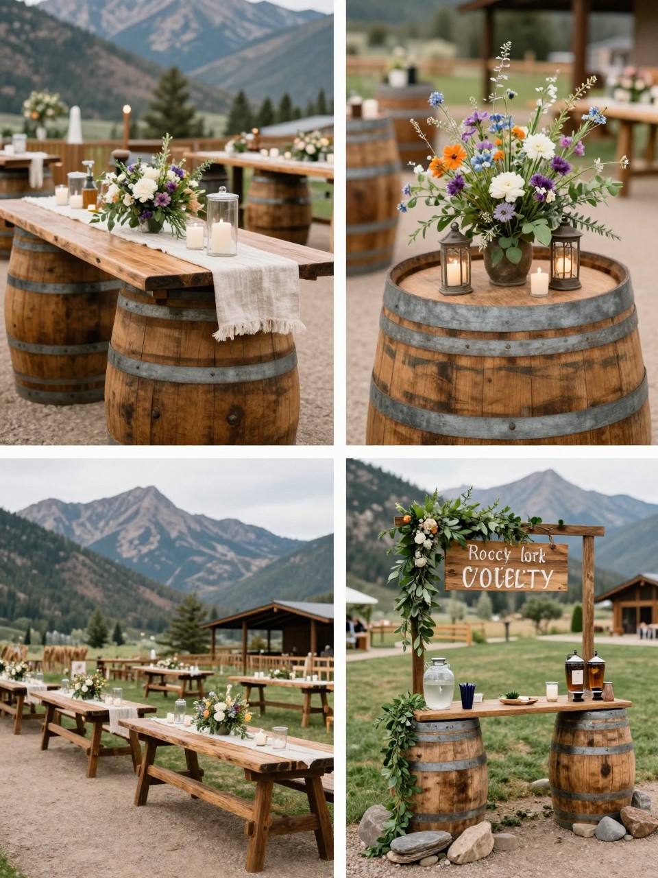 A professional 4-grid wedding decor collage showing Rocky Mountain wedding cocktail hour decor with barrels, top-left image featuring wooden barrels used as cocktail tables with flowers, candles, and linen runners, top-right image showing close-up barrel top decor with wildflowers and small lanterns, bottom-left image showing an outdoor cocktail space with mountain views and rustic tables, bottom-right image showing a drink station styled with wood signage, greenery, and stone details, mountain ranch wedding decor, no faces, no watermarks on images.