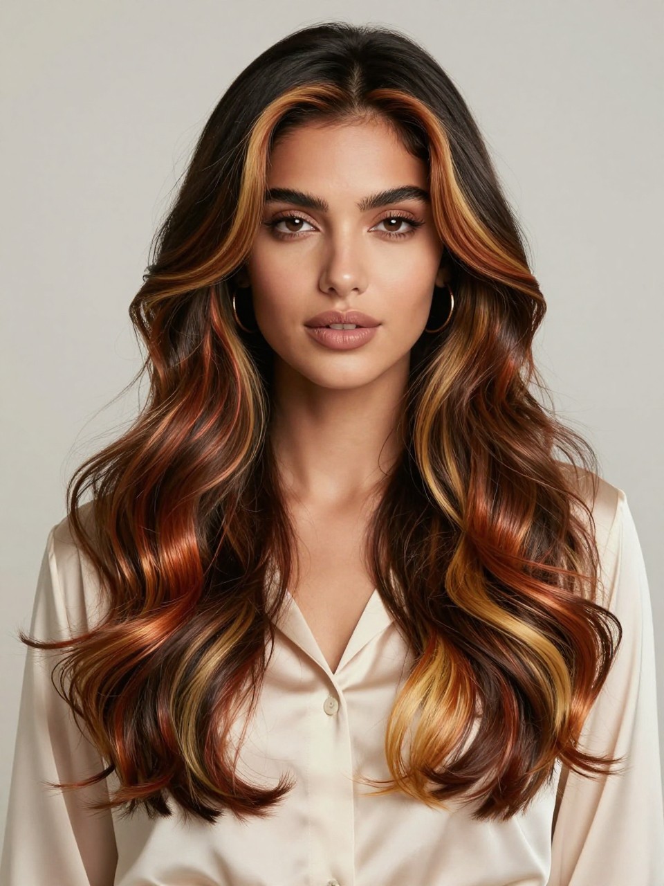 Image Prompt: A stylish woman with long soft waves featuring classic calico cat hair color, glossy black base with chunky copper, ginger, honey blonde, and cream color panels placed through the front, sides, and lower layers, loose flowing waves, clear patchwork-inspired color placement, warm brown skin, soft glam makeup, glossy nude lips, gold hoop earrings, cream satin blouse, clean neutral studio background, soft diffused lighting, realistic DSLR beauty editorial portrait, detailed shine and color contrast, no text, (no watermarks on images)