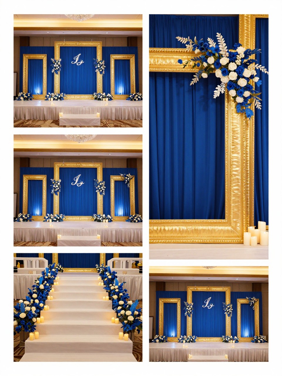 A professional 4-grid wedding decor collage showing royal blue and gold wedding stage decor, top-left image featuring a reception stage with royal blue backdrop panels, gold frames, white flowers, and elegant seating, top-right image showing close-up gold trim with blue fabric and floral details, bottom-left image showing stage steps lined with candles and blue floral touches, bottom-right image showing a wide view of the stage as the main reception focal point, luxury wedding decor, warm lighting, no faces, no watermarks on images.