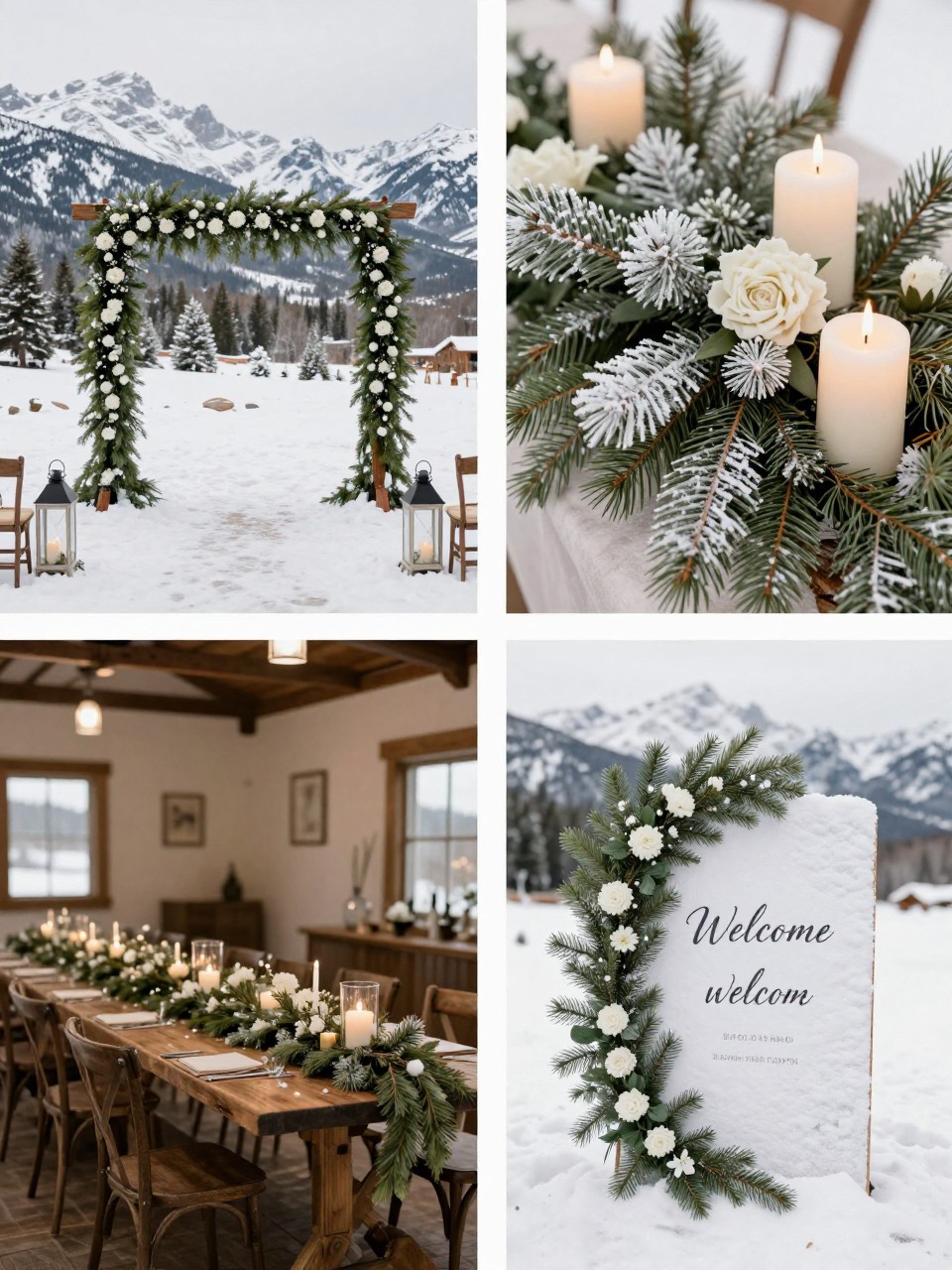 A professional 4-grid wedding decor collage showing snowy Rocky Mountain winter wedding decor, top-left image featuring an outdoor ceremony setup with snow, evergreen garlands, white flowers, and lanterns, top-right image showing close-up frosted pine branches, candles, and ivory blooms, bottom-left image showing a cozy indoor reception table with winter greenery and candlelight, bottom-right image showing a snow-covered welcome sign with pine and white floral styling, elegant winter mountain wedding setting, no faces, no watermarks on images.