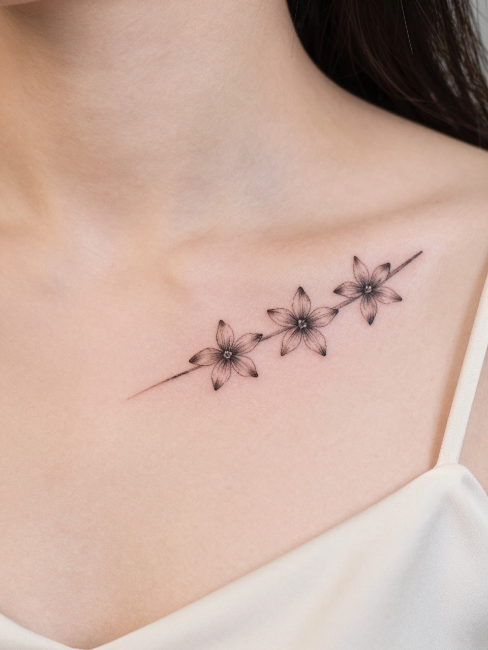 Image Prompt: "Design-focused close-up of a small sampaguita flower tattoo on the collarbone, black ink fine line design with delicate star-shaped blooms, soft shading, realistic skin texture, silk blouse neckline barely visible, feminine clean composition, close-up tattoo visibility, soft minimal background, tattoo is the clear hero (no watermarks on images)"