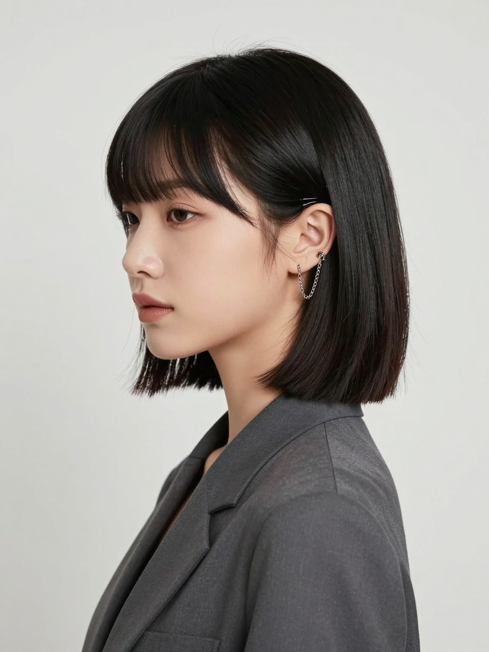 A realistic beauty editorial portrait of a sleek chin-length bob with a side part, glossy straight black hair tucked neatly behind one ear, a stylish ear cuff with a chain connecting to a small hair clip above the ear, soft neutral makeup, chic blazer or modern dress, clean studio background, no text, no watermark, no watermarks on images.