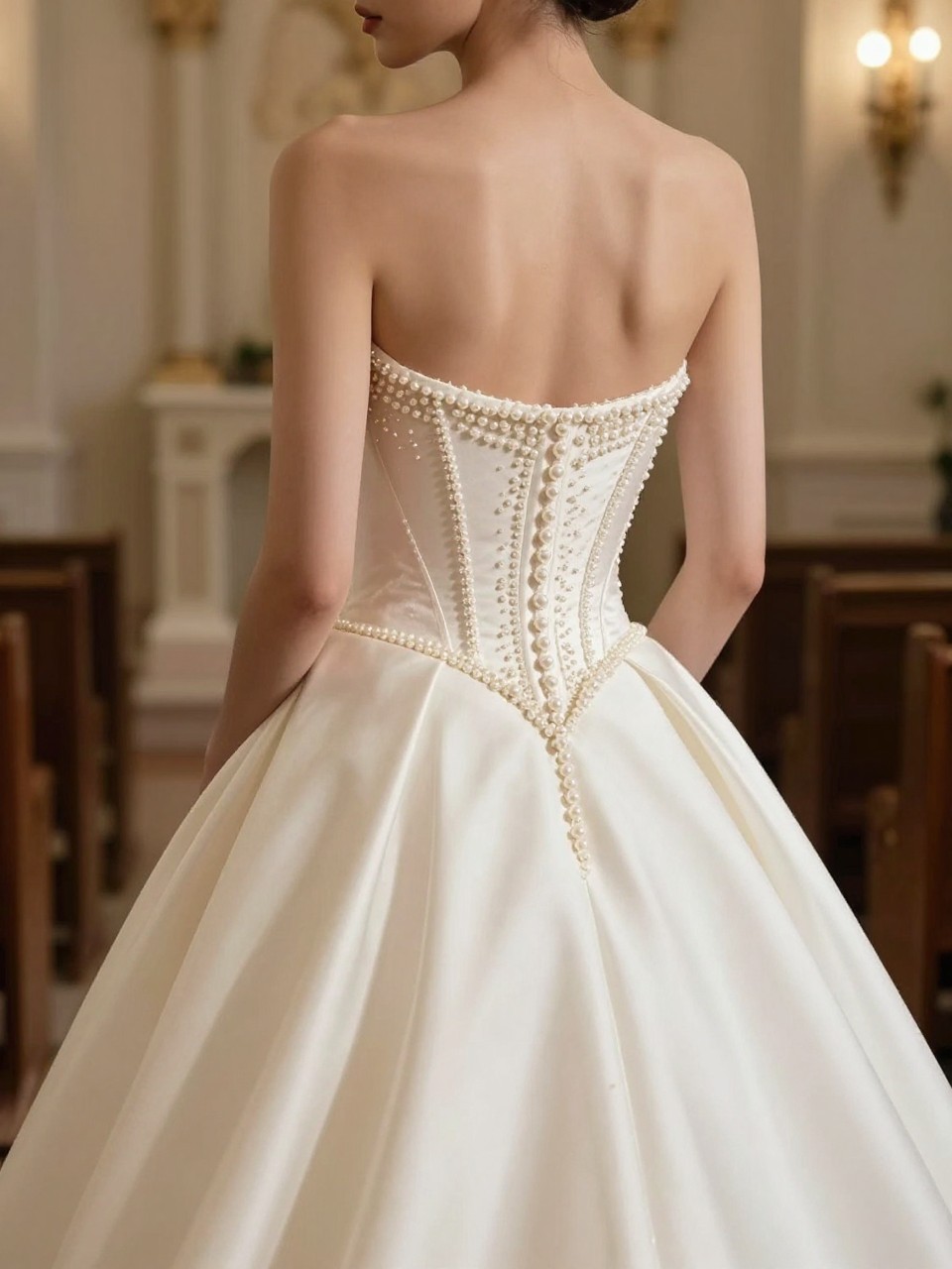 Image Prompt: A luxury bridal editorial image of a pearl detail drop waist corset wedding dress in a refined chapel or elegant indoor wedding venue. Show the bride from the shoulders down or from behind with the face fully hidden. The gown has a structured corset bodice with delicate pearl accents tracing the boning, a defined dropped waistline, and a soft full skirt with a graceful train. Use soft warm lighting, realistic pearl and fabric texture, polished bridal magazine composition, no visible face, no text, no watermark. (no watermarks on images)