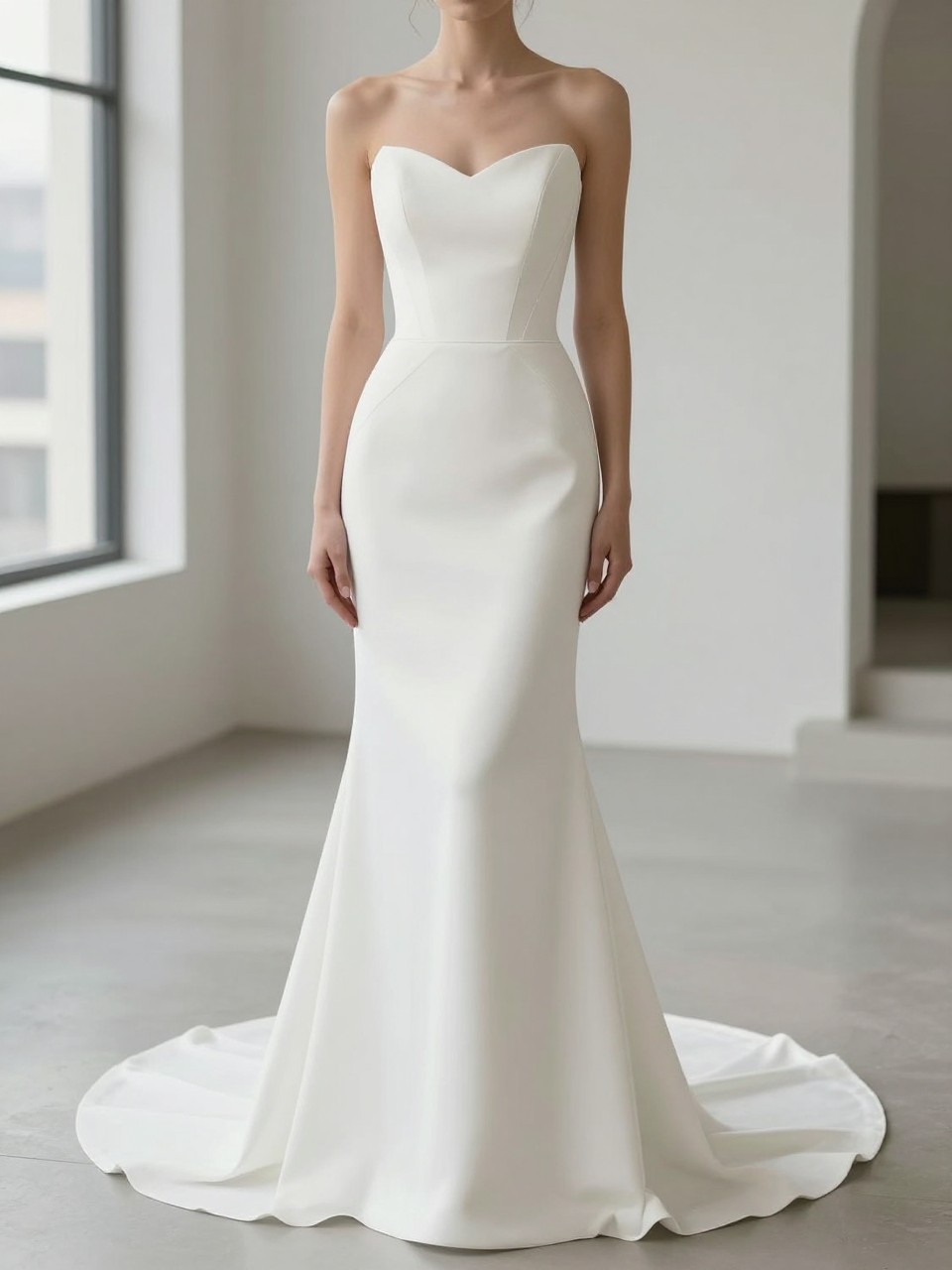Image Prompt: A refined bridal editorial image of a minimal crepe drop waist corset wedding dress in a clean bridal studio, modern chapel, or city wedding venue. Show the bride from the neck down or from behind so the face is fully hidden. The gown has a smooth crepe corset bodice, subtle boning, a clear dropped waist seam, and a sleek skirt with a small train. Use clean natural light, realistic crepe texture, modern luxury bridal styling, no visible face, no text, no watermark. (no watermarks on images)