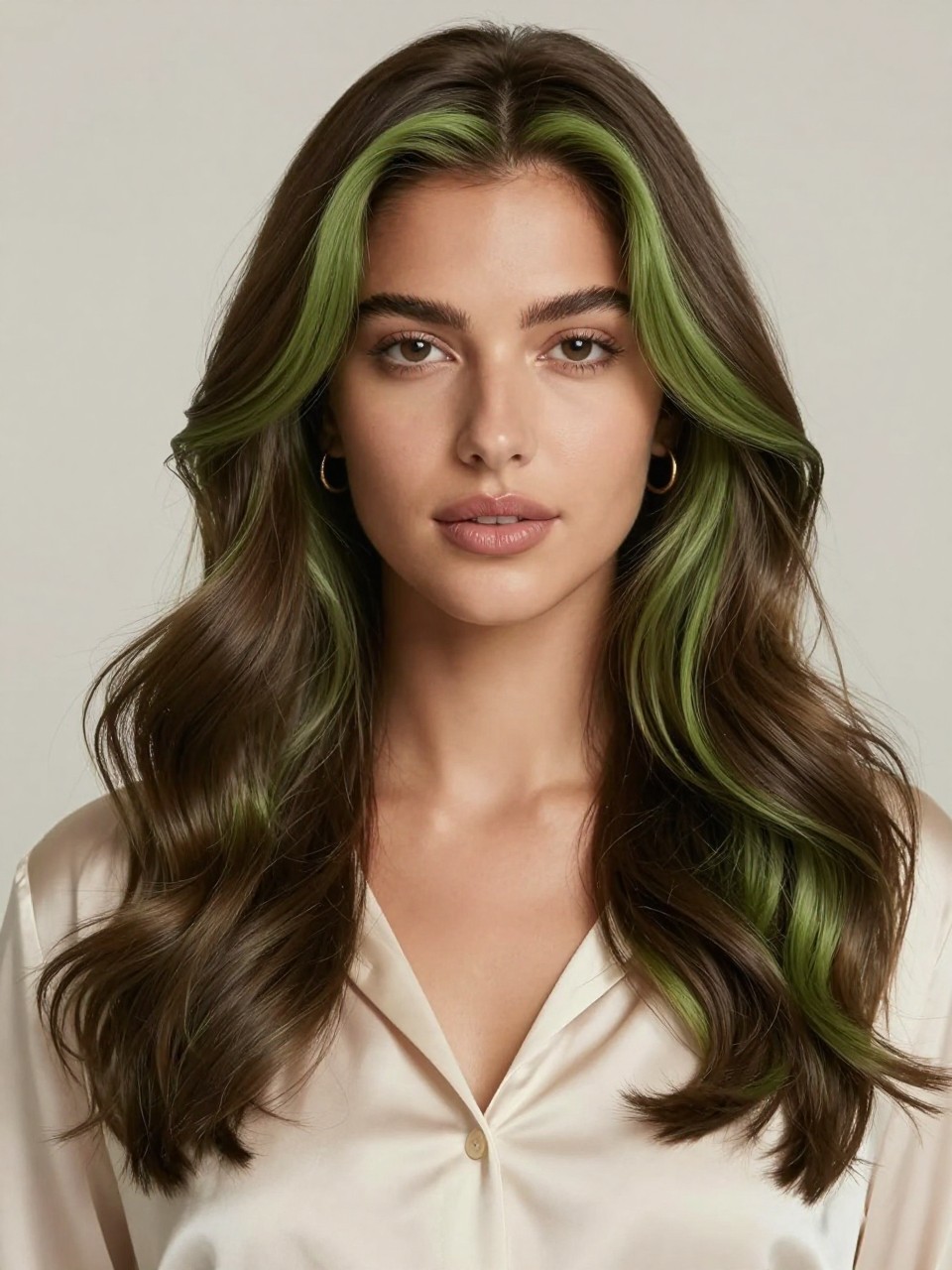 Image Prompt: A beautiful woman with long soft matcha chocolate hair, rich chocolate brown base with muted matcha green undertones, center part, loose glossy waves, smooth healthy shine, warm medium skin tone, soft natural makeup, glossy nude lips, small gold hoop earrings, cream satin blouse, clean neutral studio background, soft diffused lighting, realistic DSLR beauty editorial portrait, detailed brown-green color depth and smooth wave texture, no text, (no watermarks on images)