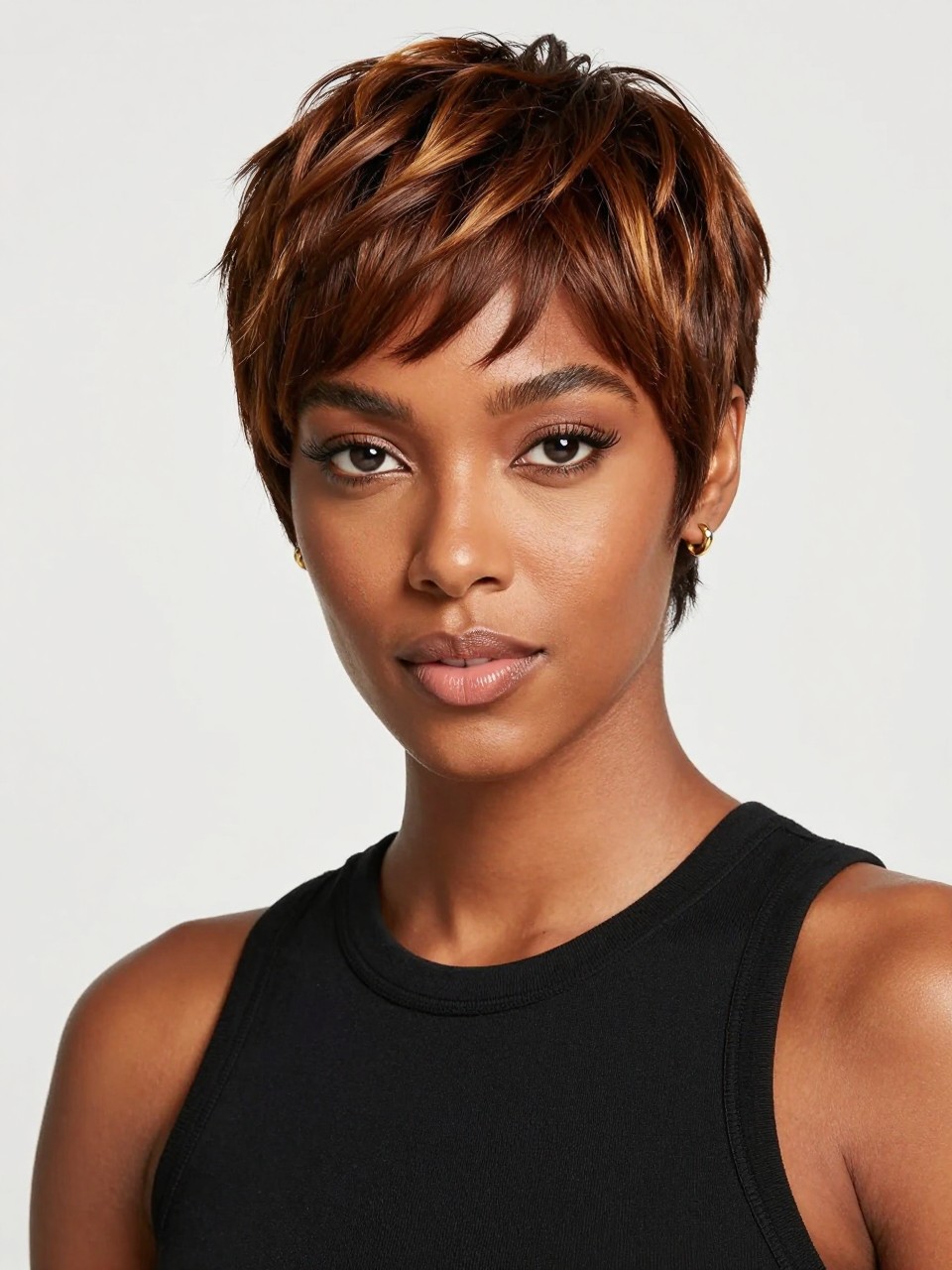 Image Prompt: A chic Black woman with a short bronze brown pixie cut, neatly shaped sides, soft swoop at the front, warm bronze-brown hair color with subtle golden shine, dark brown skin, defined lashes, glossy nude lip, small gold earrings, sleeveless black top, clean studio background, sharp beauty editorial photography, realistic DSLR image, no text, (no watermarks on images)