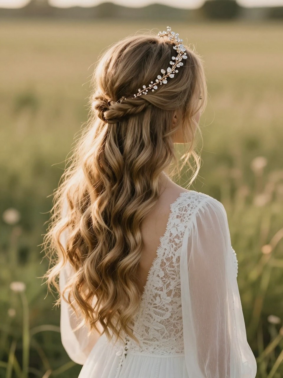 A realistic outdoor bridal hairstyle photo showing long loose waves with two soft braids pulled into a half-up style, a delicate boho tiara with tiny crystals and leaf details, sandy blonde hair, flowy lace wedding dress, meadow wedding background, warm golden hour light, soft romantic bridal photography, no text, no watermark, no watermarks on images.