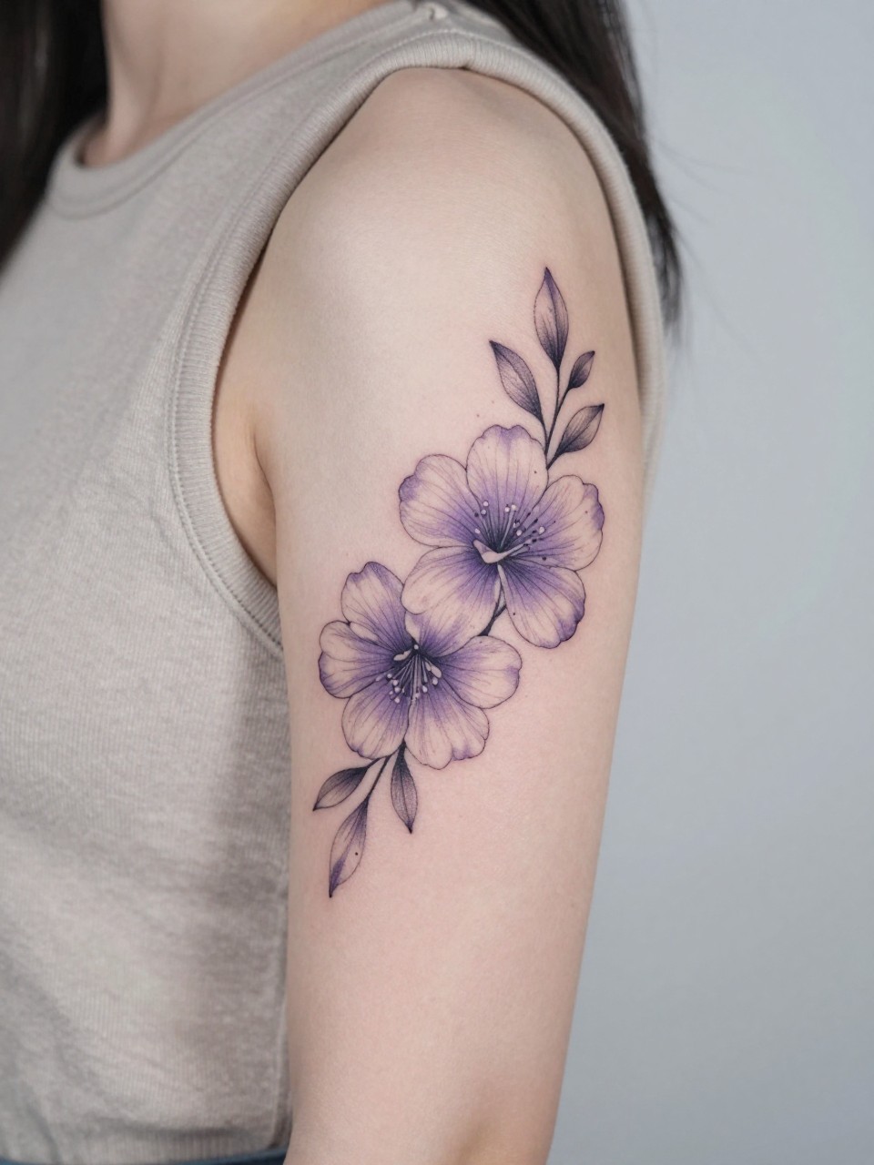Image Prompt: "Close-up of a violet tattoo with soft dotwork accents on the upper arm, black ink fine line floral design, rounded petals, subtle shading, delicate dotwork detail, realistic skin texture, sleeveless neutral top softly visible, feminine lifestyle-inspired tattoo image, minimal clean background, tattoo is the main focus (no watermarks on images)"