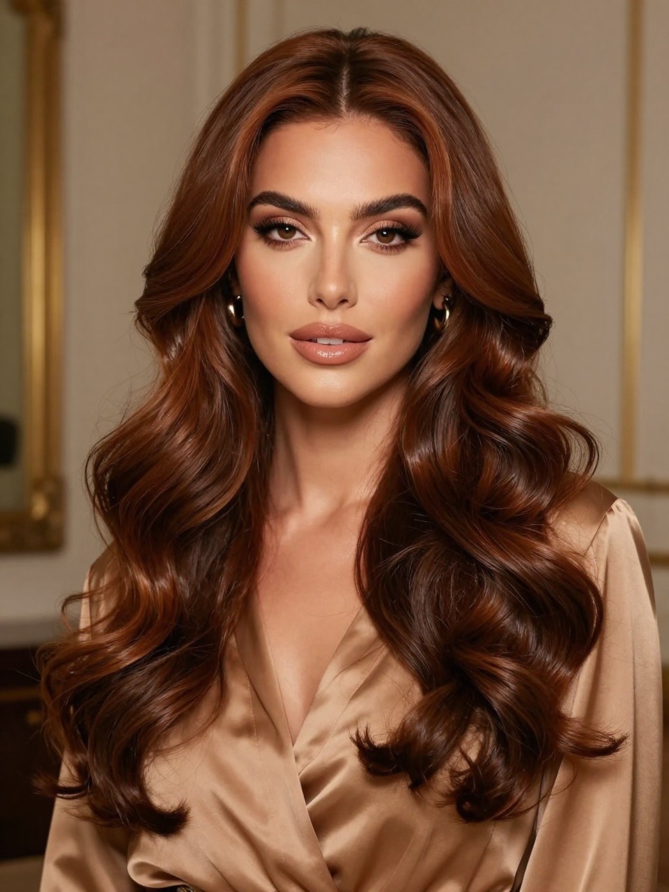 Image Prompt: A beautiful woman with long two tone split hair, one side rich auburn brown and the other side deep chocolate brown, center part, glossy loose curls, warm medium skin tone, peach-toned makeup, glossy lips, gold earrings, tan satin blouse, elegant indoor background, soft warm lighting, realistic DSLR beauty portrait, detailed warm brunette contrast and shine, no text, (no watermarks on images)