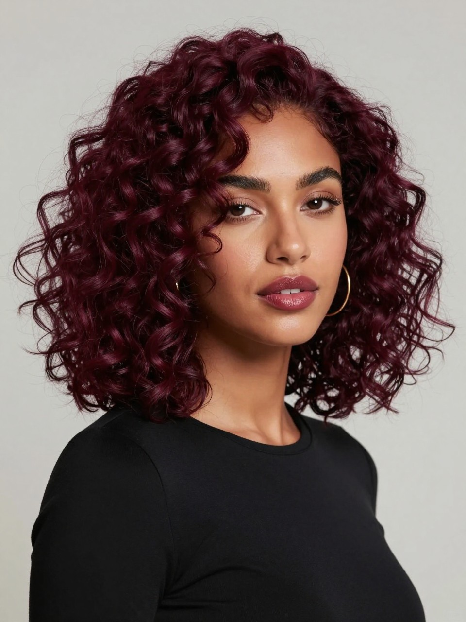 Image Prompt: A beautiful woman with shoulder-length natural curls dyed deep berry plum, rich purple-red hair color with soft berry shine, defined spiral curls with healthy volume, warm medium-deep skin tone, softly shaped brows, glossy berry lips, subtle bronzed makeup, small gold hoop earrings, fitted black top, clean neutral studio background, soft diffused lighting, close-up beauty editorial portrait, realistic DSLR photo, crisp curl texture, detailed berry plum color, no text, (no watermarks on images)
