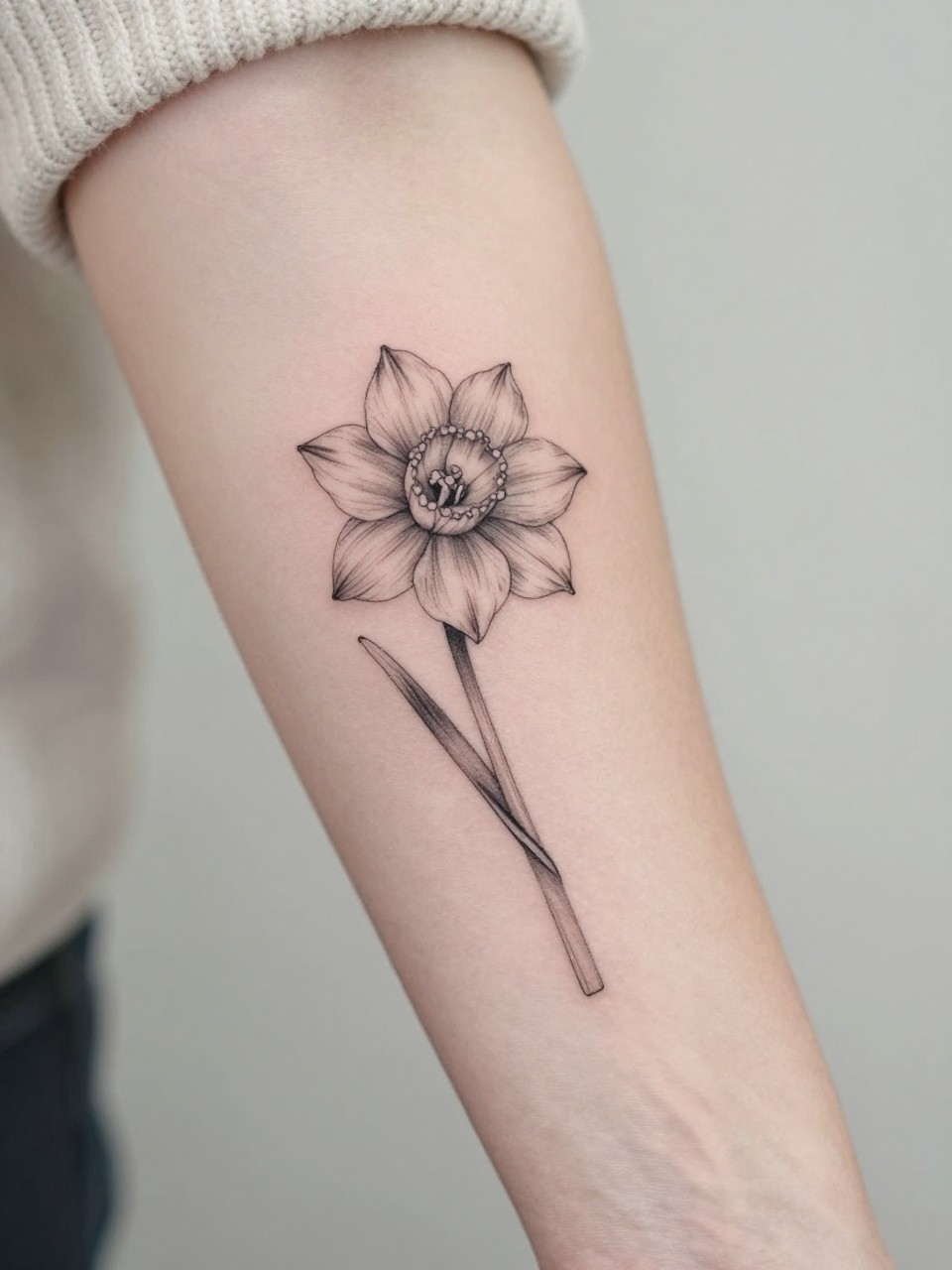 Image Prompt: "Extreme close-up of a fine line December birth flower narcissus tattoo on the forearm, delicate black ink floral design with soft petal detail, slender stem, subtle grey shading, realistic skin texture, neutral manicure, soft knit sleeve slightly visible, design-focused close-up, feminine modern tattoo inspiration photo, minimal soft background, tattoo is the clear main subject (no watermarks on images)"