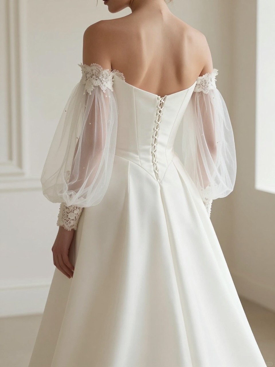 Image Prompt: A luxury bridal editorial photo of a drop waist corset wedding dress with detachable sleeves in a bright chapel or elegant bridal studio. Show the bride from the shoulders down or from a back three-quarter pose so the face is hidden. The gown has a structured corset bodice, lowered waistline, soft flowing skirt, and detachable sleeves in sheer tulle, lace, satin, or organza. Use soft natural light, realistic fabric texture, polished bridal magazine styling, no visible face, no text, no watermark. (no watermarks on images)