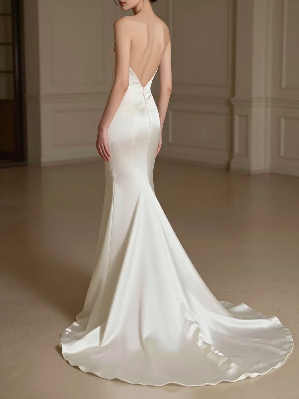 Image Prompt: A luxury bridal editorial photo of a silk backless wedding dress with a detachable train in a grand bridal studio or elegant indoor venue. Show the bride from the neck down only, or from a back three-quarter angle so the face is fully hidden. The gown has a sleek silk base, open back, slim silhouette, and a dramatic detachable train flowing behind the dress. Use soft warm lighting, realistic silk sheen, refined bridal magazine styling, no visible face, no text, no watermark. (no watermarks on images)