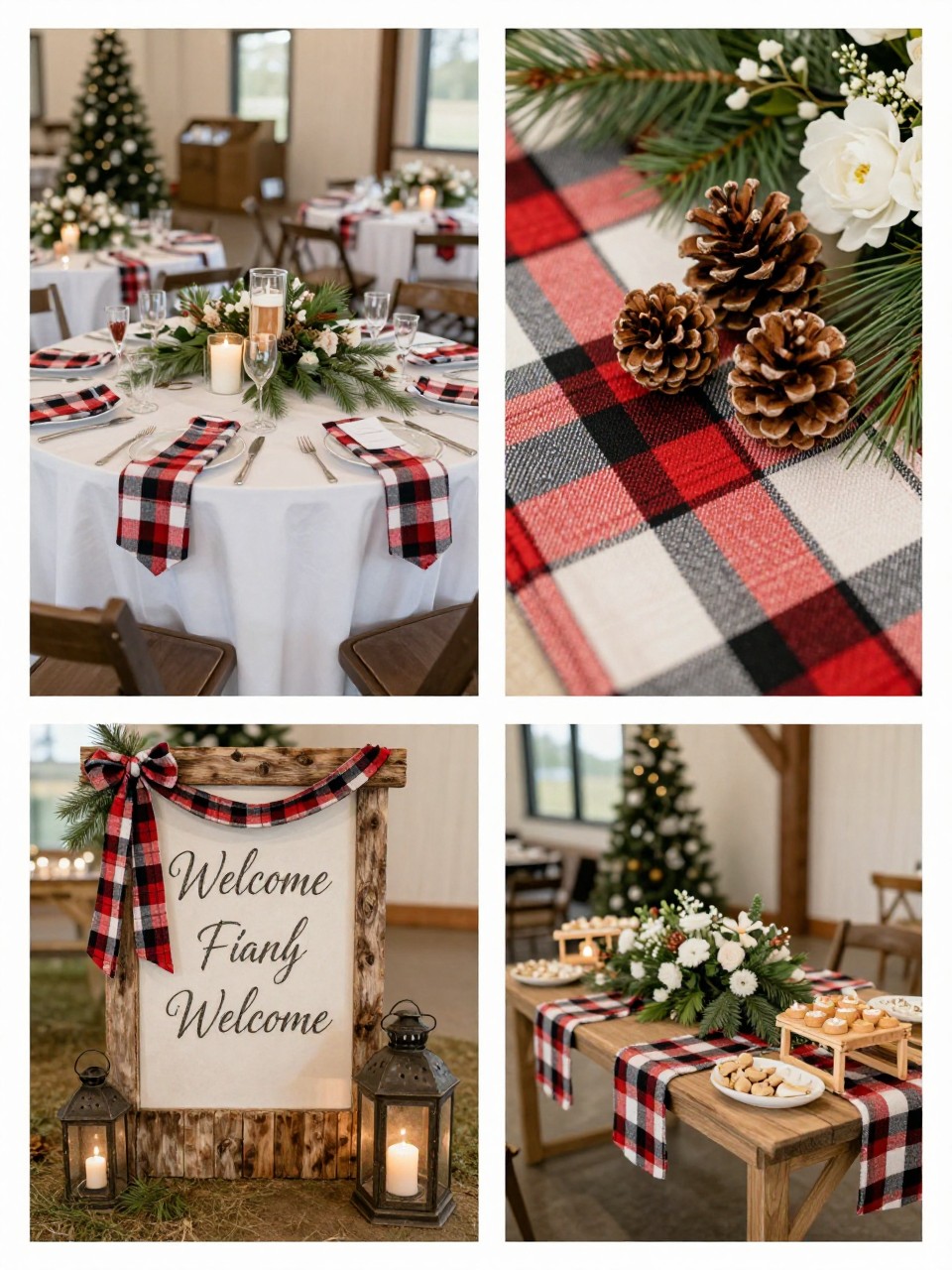 A professional 4-grid wedding decor collage showing plaid and pine cabin wedding decor, top-left image featuring reception tables with plaid napkins, pine greenery, candles, and wood accents, top-right image showing close-up plaid fabric, pinecones, and white flowers, bottom-left image showing a rustic welcome display with plaid ribbon and lanterns, bottom-right image showing a dessert table with plaid runner and cabin-style floral decor, cozy wedding styling, no people, no faces, no watermarks on images.