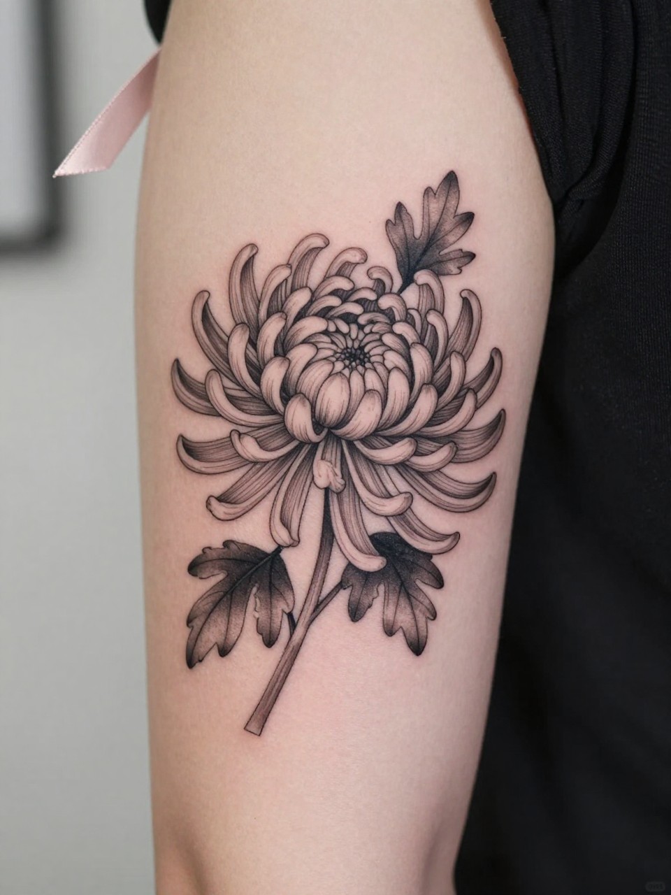 Image Prompt: "Design-focused close-up of a chrysanthemum tattoo on the inner bicep, black ink fine line floral style, soft layered petals with subtle shading, realistic skin texture, satin ribbon nearby as a subtle feminine detail, tight crop, minimal soft background, modern lifestyle-inspired tattoo image, tattoo is the clear main subject (no watermarks on images)"