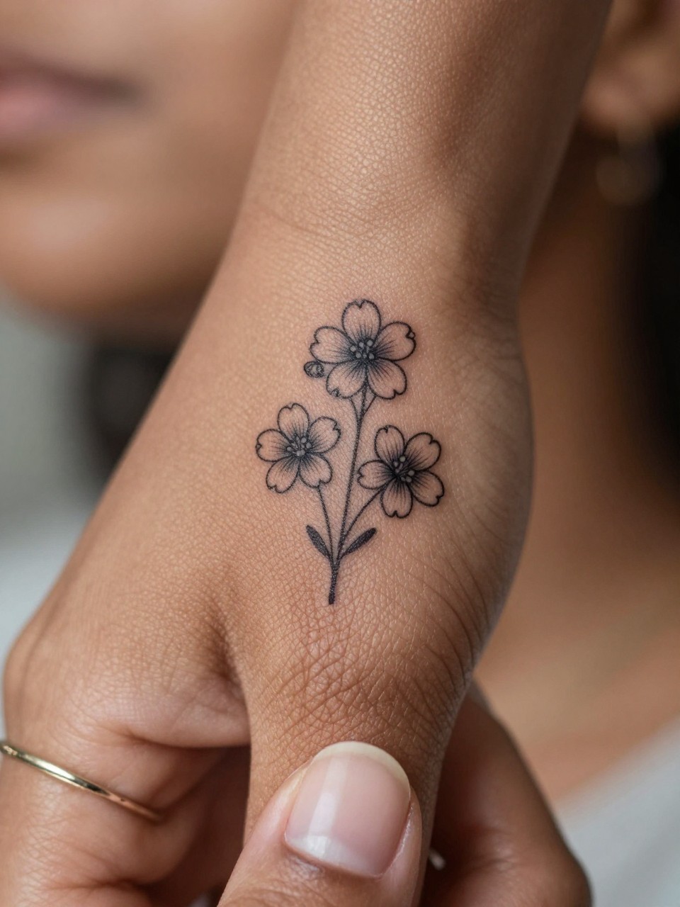 Image Prompt: "Macro shot of a micro dogwood tattoo on the side of the finger of a black woman, black ink fine line floral design, tiny stem and delicate rounded petals, minimalist micro tattoo style, realistic skin texture, delicate rings, neutral manicure, very tight crop, soft blurred background, feminine tattoo inspiration photo with tattoo as the main focus (no watermarks on images)"