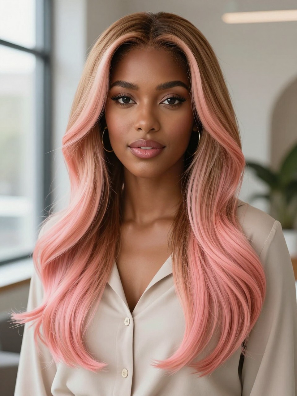 Image Prompt: A stylish black woman with long light brown hair and peach pink balayage, natural darker roots with hand-painted peach and soft pink pieces through the mid-lengths and ends, loose waves, soft rosy makeup, glossy lips, gold earrings, beige blouse, modern indoor background, soft window light, realistic beauty editorial portrait, smooth blended peach-pink color placement, no text, (no watermarks on images)