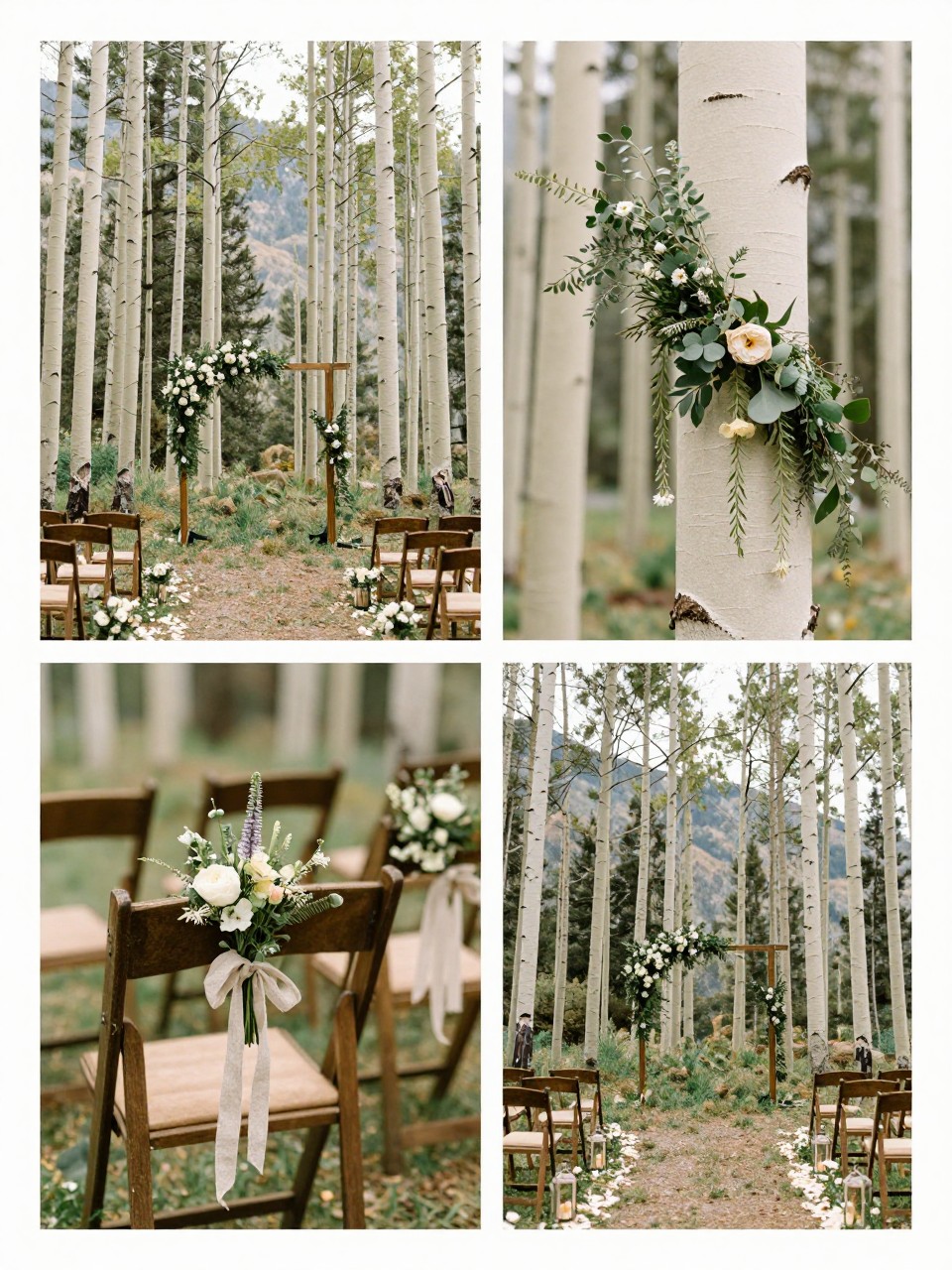 A professional 4-grid wedding decor collage showing a Rocky Mountain aspen tree wedding ceremony setup, top-left image featuring a ceremony space among tall aspen trees with a simple floral arch, top-right image showing close-up white bark, greenery, and small hanging flowers, bottom-left image showing wooden chairs with linen ribbons and wildflower bunches, bottom-right image showing an aisle with petals and lanterns under the trees, forest mountain wedding setting, soft filtered light, no faces, no watermarks on images.