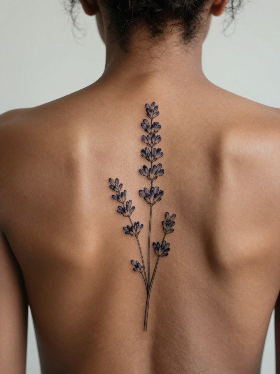 Image Prompt: "Design-focused close-up of a vertical lavender stem tattoo on the upper back of black woman, black ink fine line floral design with tiny clustered blossoms, subtle soft shading, slender elegant layout, realistic skin texture, hair tied up, minimalist feminine tattoo inspiration photo, soft clean background, tattoo is the main focus (no watermarks on images)"